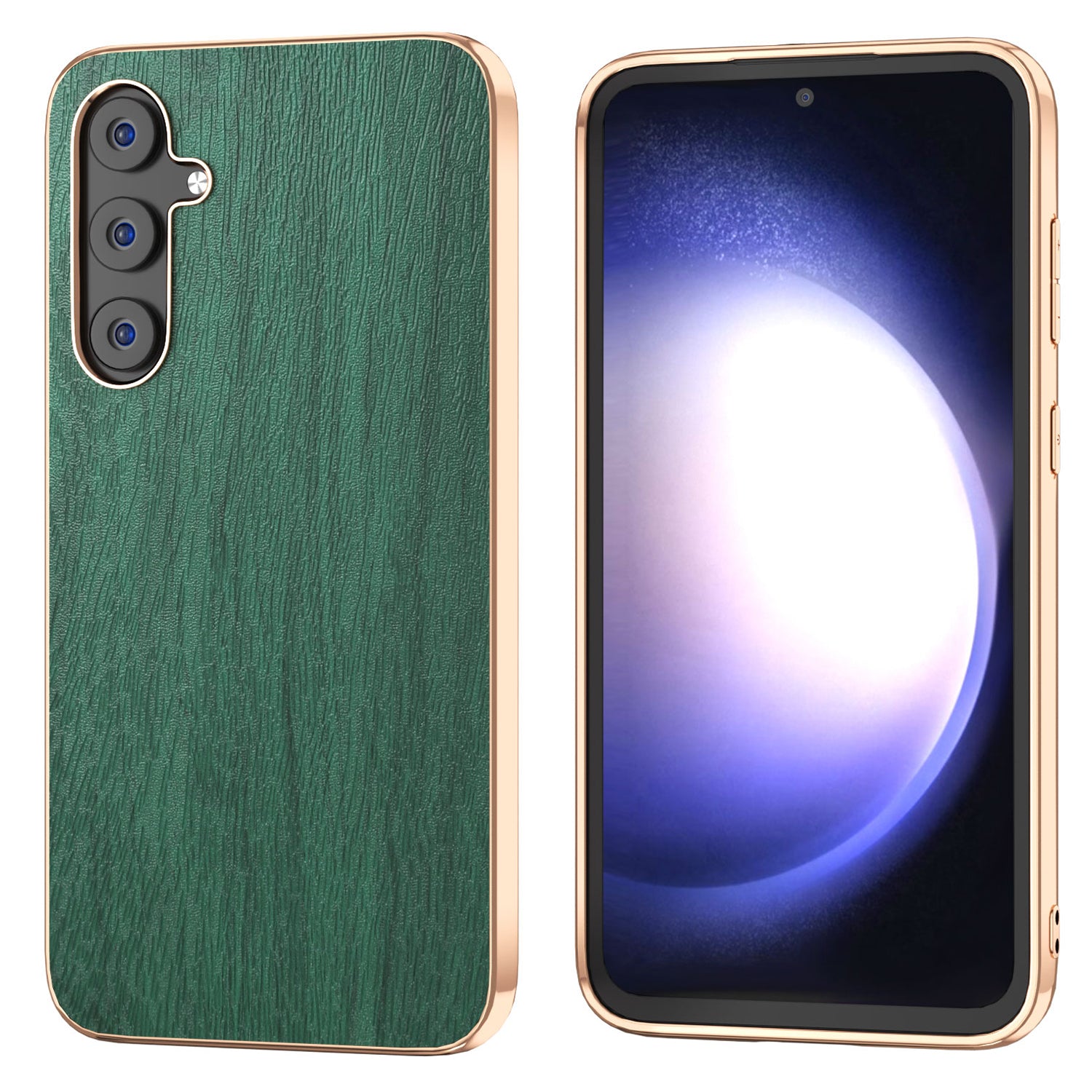 For Samsung Galaxy S23 FE Wood Texture Electroplating Case Shockproof PU Leather Coated PC TPU Phone Cover