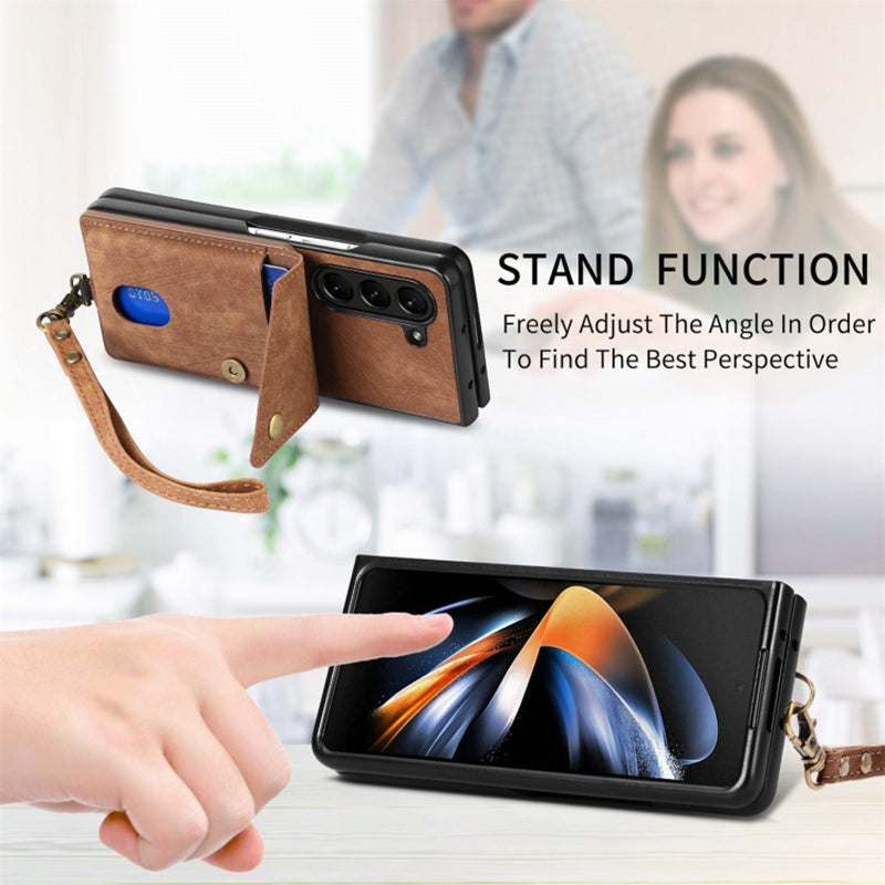 Retro PU TPU Phone Case for Samsung Galaxy Z Fold5 5G Shockproof Card Holder Kickstand Cover with Strap