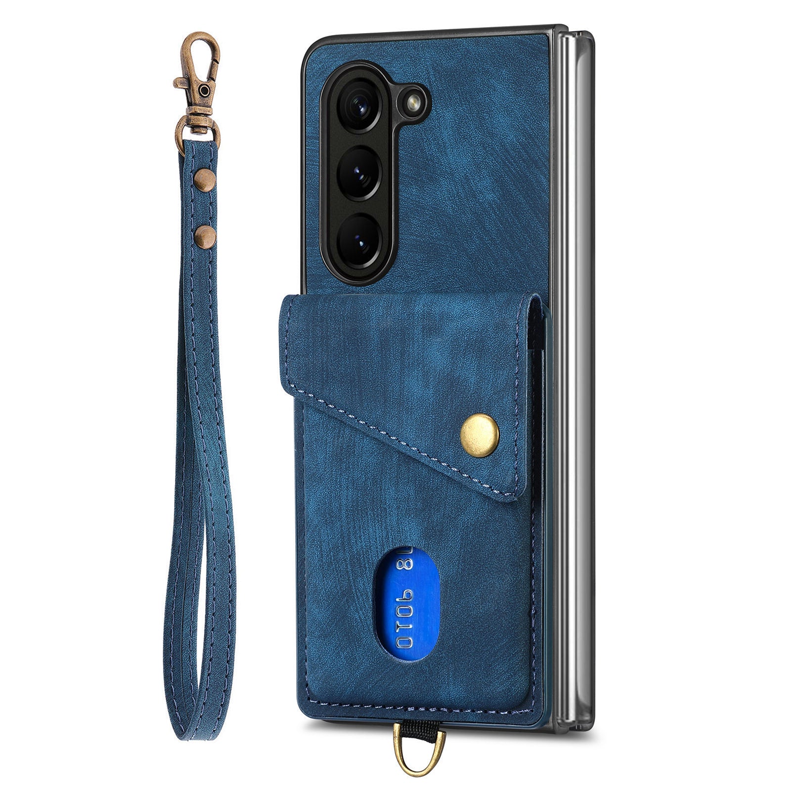 Retro PU TPU Phone Case for Samsung Galaxy Z Fold5 5G Shockproof Card Holder Kickstand Cover with Strap