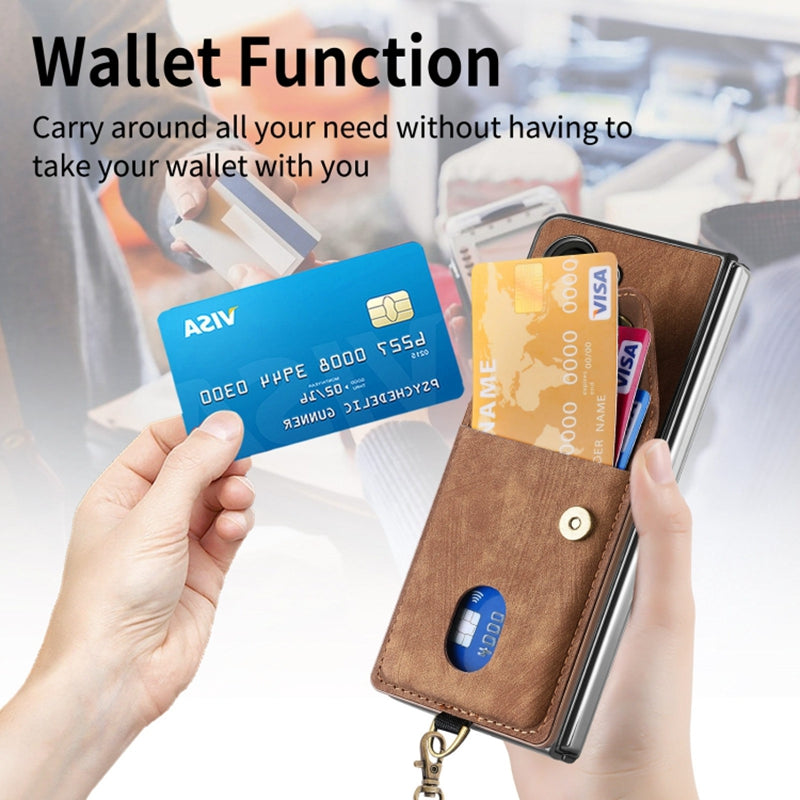 Retro PU TPU Phone Case for Samsung Galaxy Z Fold5 5G Shockproof Card Holder Kickstand Cover with Strap