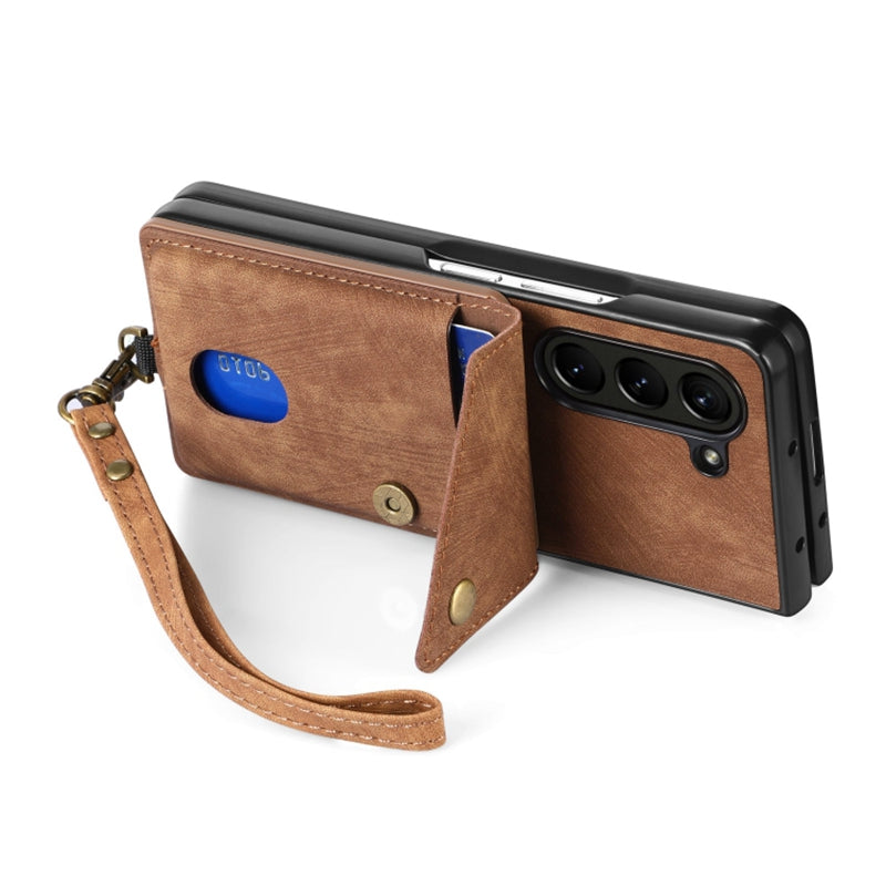 Retro PU TPU Phone Case for Samsung Galaxy Z Fold5 5G Shockproof Card Holder Kickstand Cover with Strap