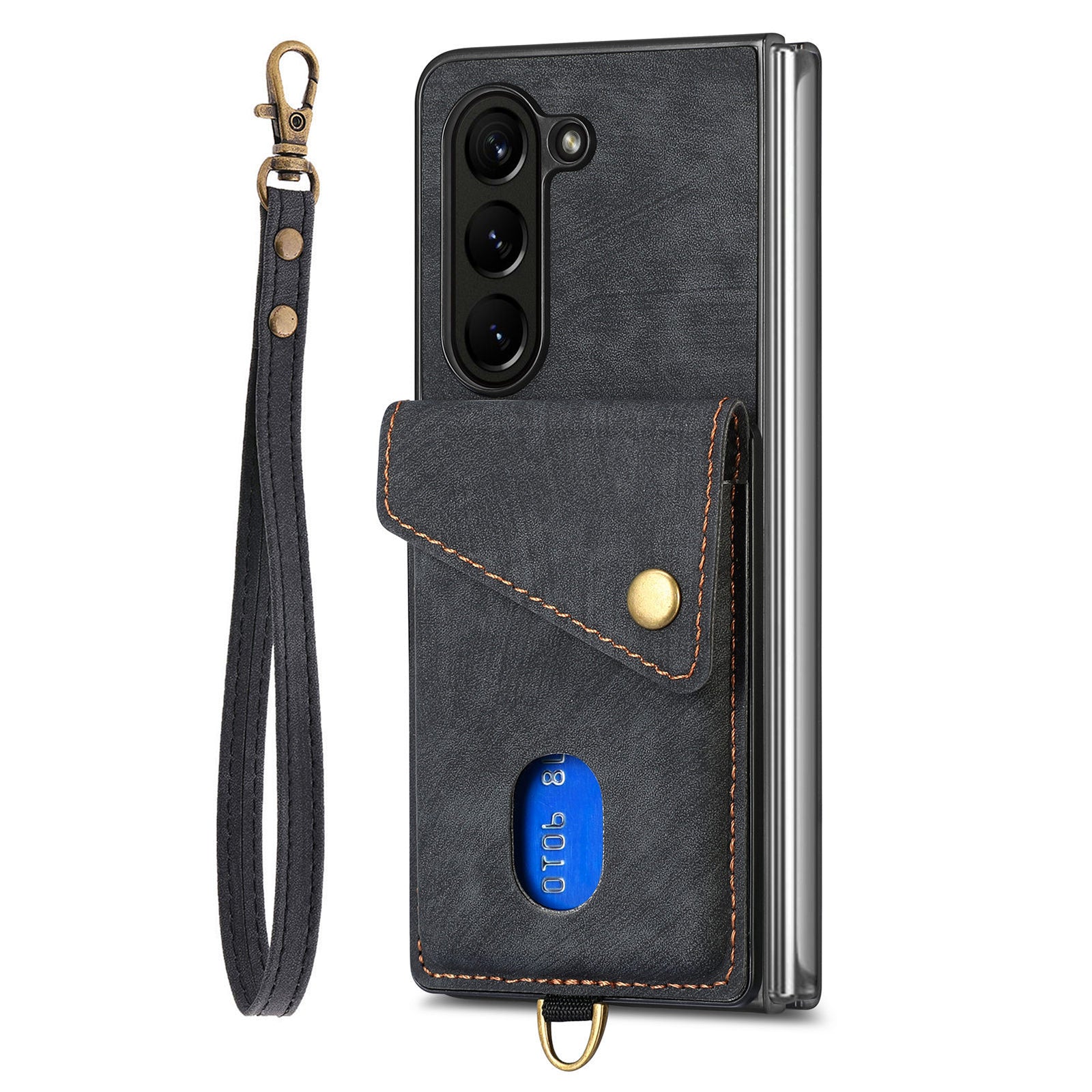 Retro PU TPU Phone Case for Samsung Galaxy Z Fold5 5G Shockproof Card Holder Kickstand Cover with Strap