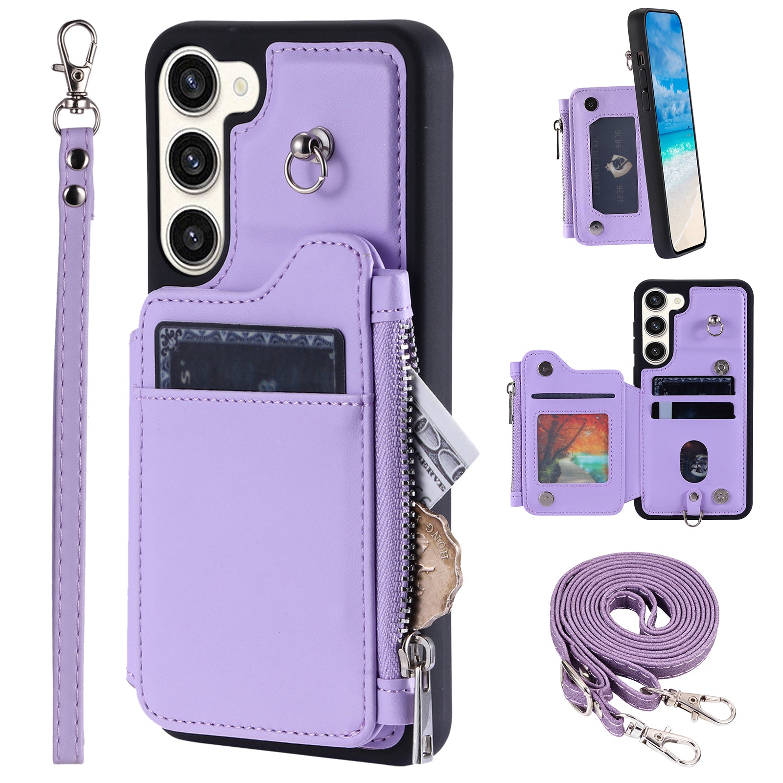 009 Zipper Wallet Case for Samsung Galaxy S23 RFID Blocking PU Leather Coated TPU Kickstand Phone Cover with Straps