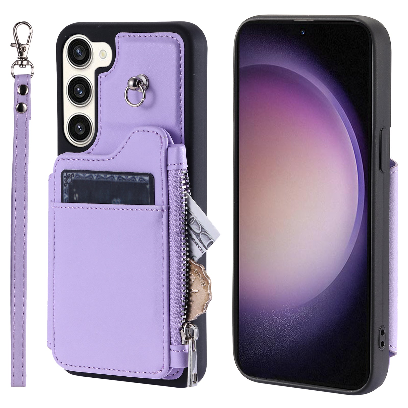 009 For Samsung Galaxy S23 PU Leather Coated TPU Phone Case RFID Blocking Zipper Wallet Kickstand Cover with Wrist Strap