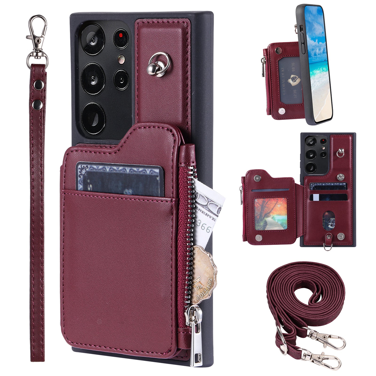009 RFID Blocking Wallet Case for Samsung Galaxy S23 Ultra PU Leather Coated TPU Kickstand Zipper Phone Cover with Straps
