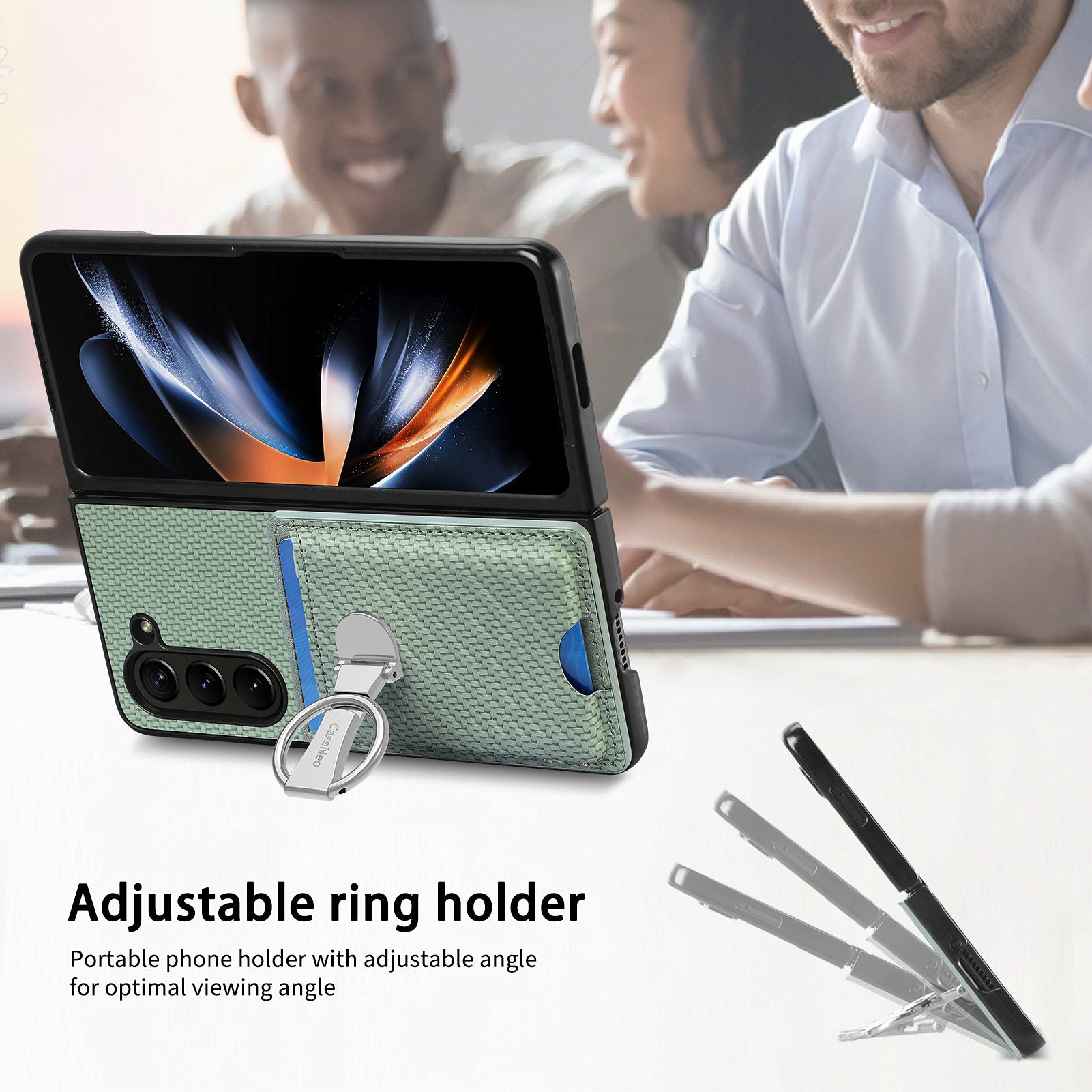 PU pouzdro na PC s texturou z uhlíkových vláken pro Galaxy Z Fold5 5G nárazuvzdorný kryt stojanu s držákem karty