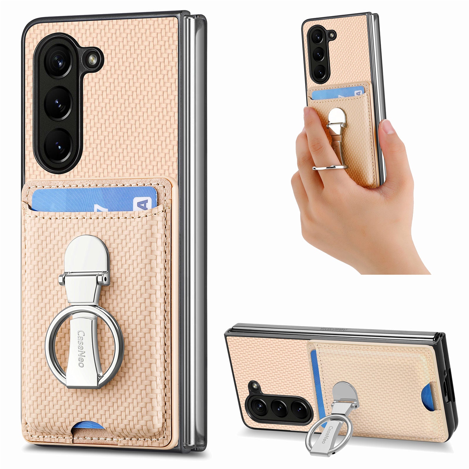 Carbon Fiber Textured PU PC Phone Case for Galaxy Z Fold5 5G Shockproof Kickstand Cover with Card Holder