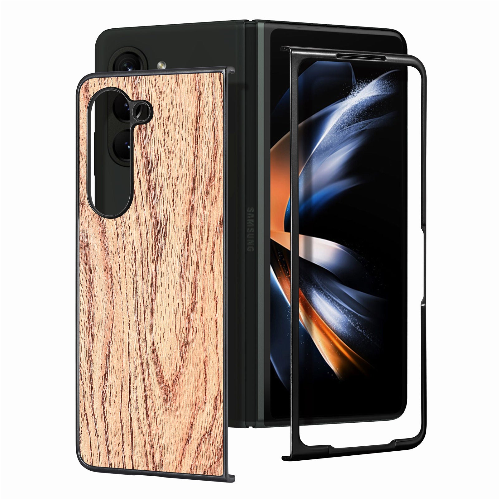 Wood Texture Phone Case for Samsung Galaxy Z Fold5 5G PU Leather Coated PC Shockproof Hard Cover