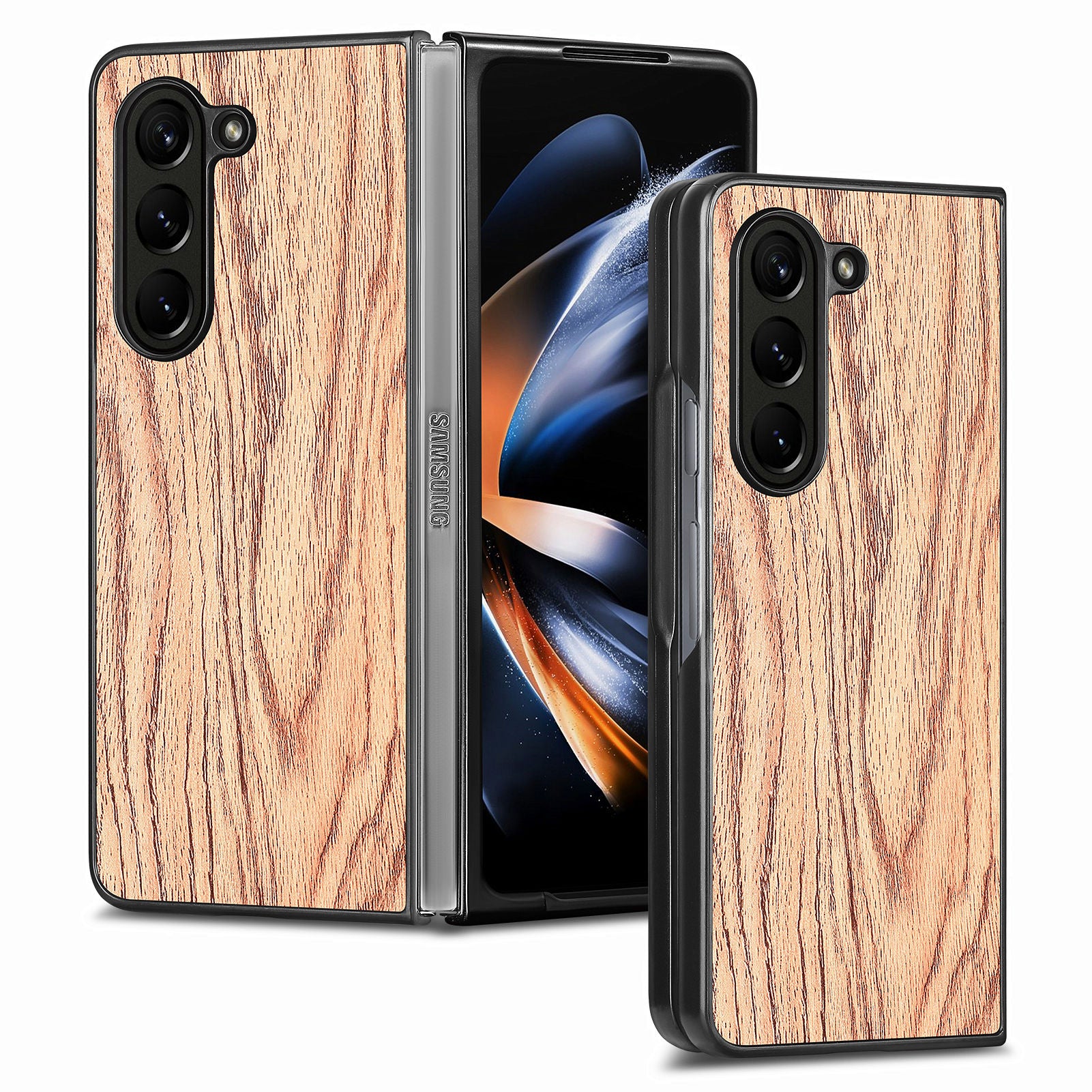 Wood Texture Phone Case for Samsung Galaxy Z Fold5 5G PU Leather Coated PC Shockproof Hard Cover
