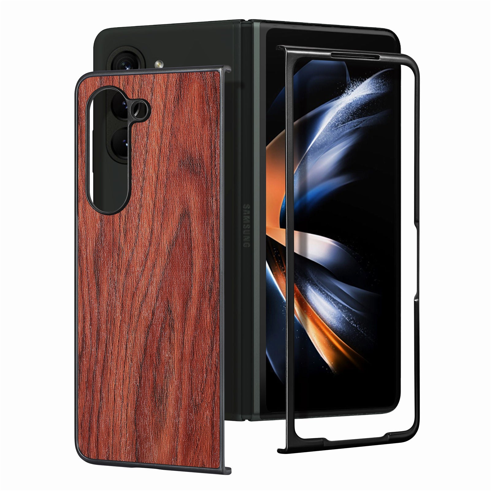 Wood Texture Phone Case for Samsung Galaxy Z Fold5 5G PU Leather Coated PC Shockproof Hard Cover