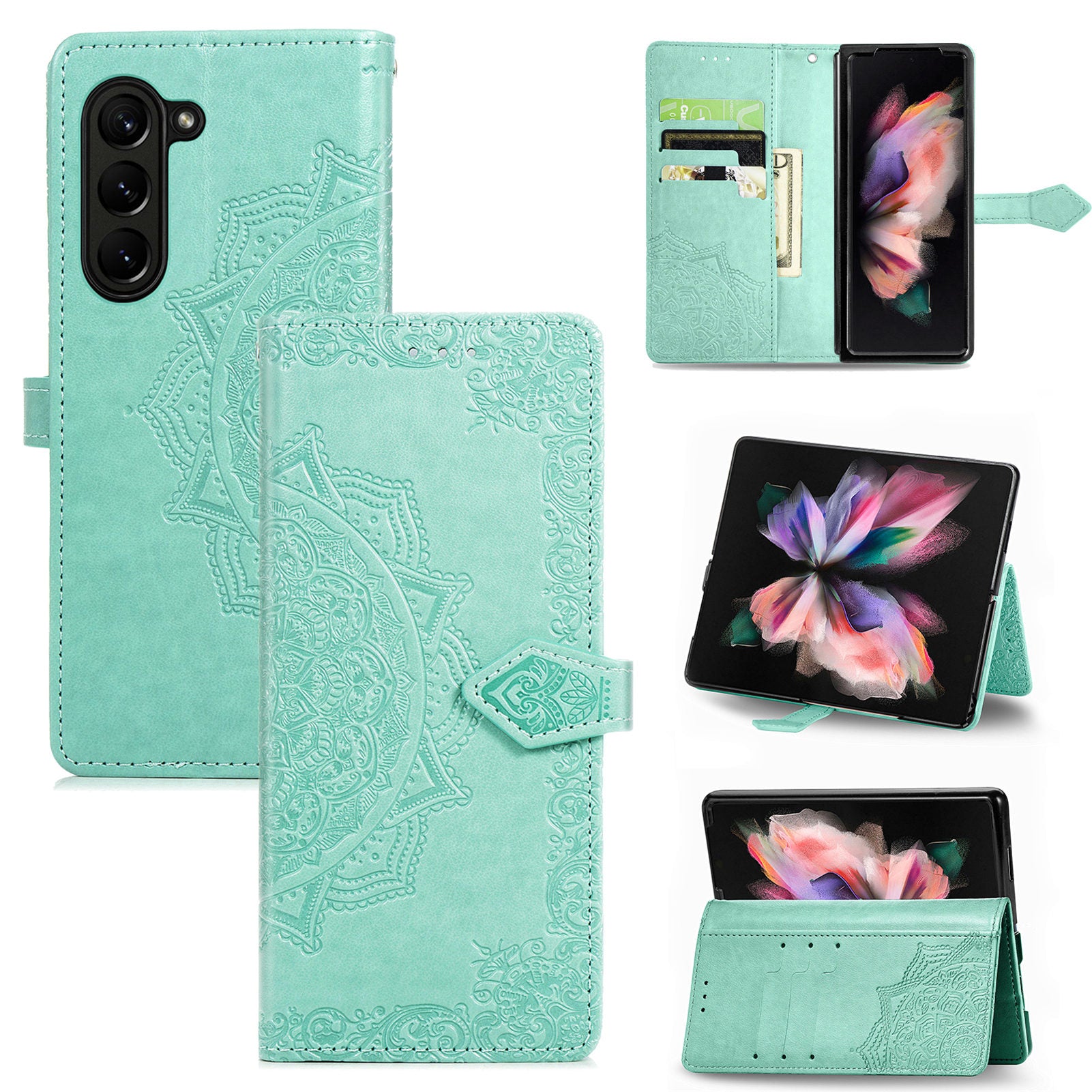 For Samsung Galaxy Z Fold5 5G Anti-Scratch Phone Cover Mandala Pattern Embossed PU Leather Wallet Case