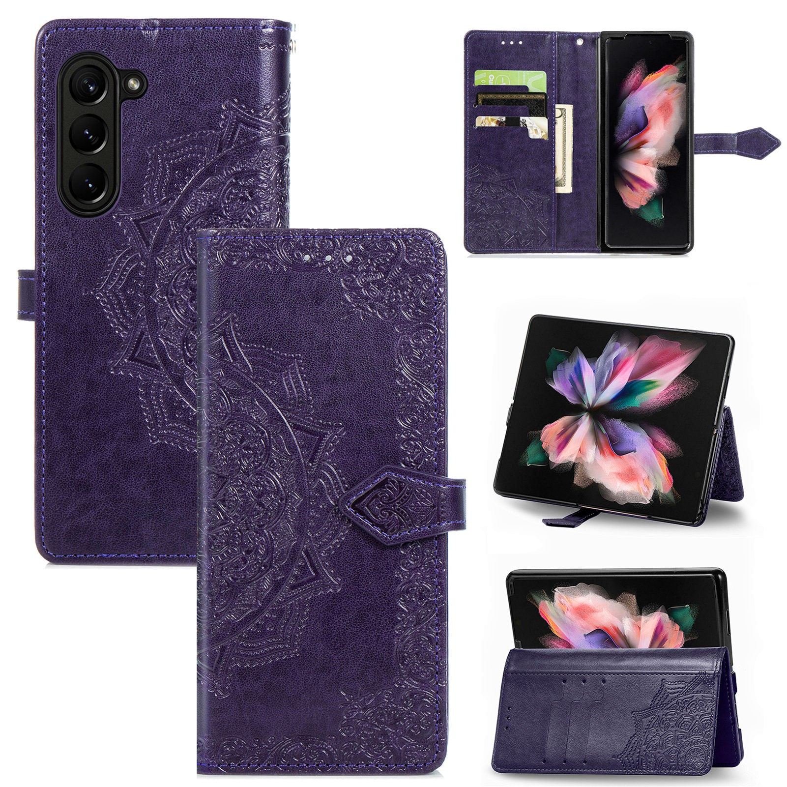 For Samsung Galaxy Z Fold5 5G Anti-Scratch Phone Cover Mandala Pattern Embossed PU Leather Wallet Case