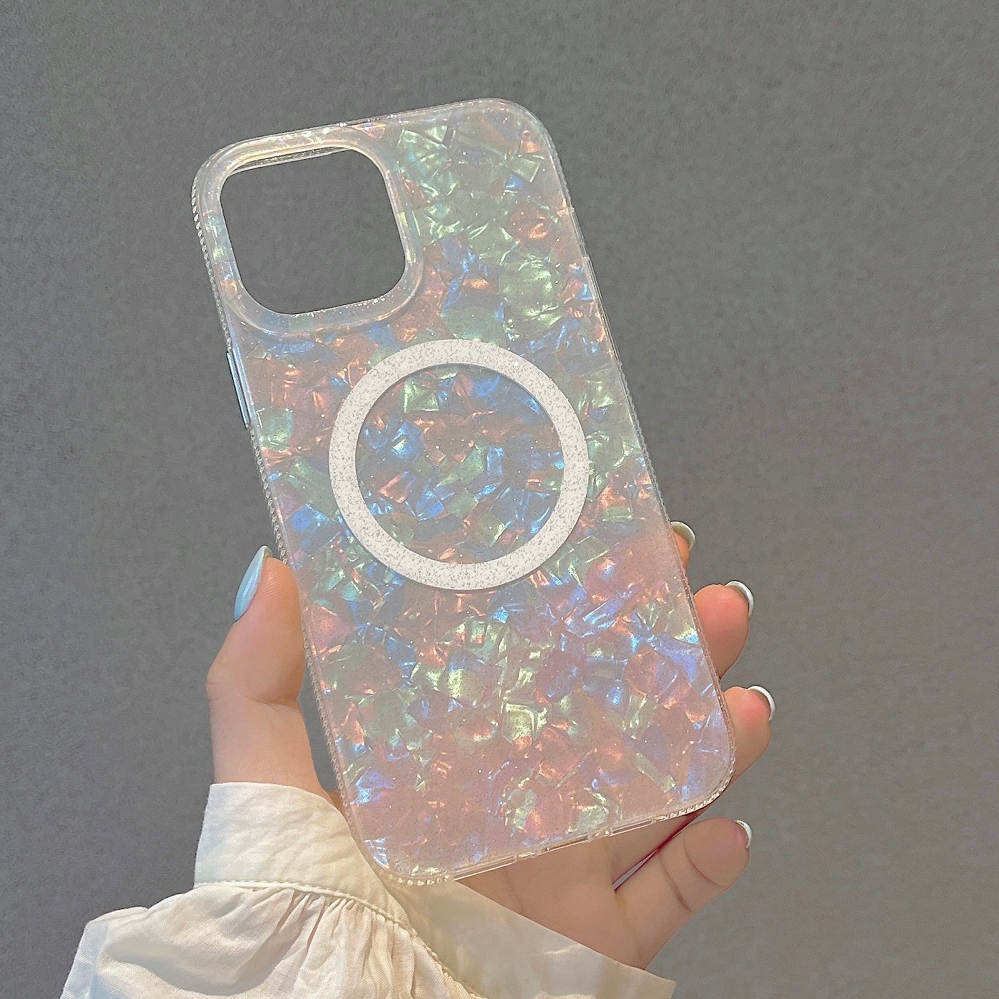 Shell Texture Glitter IMD Case for iPhone 15 Pro Max PVC Soft TPU Anti-Drop Phone Cover Compatible with MagSafe