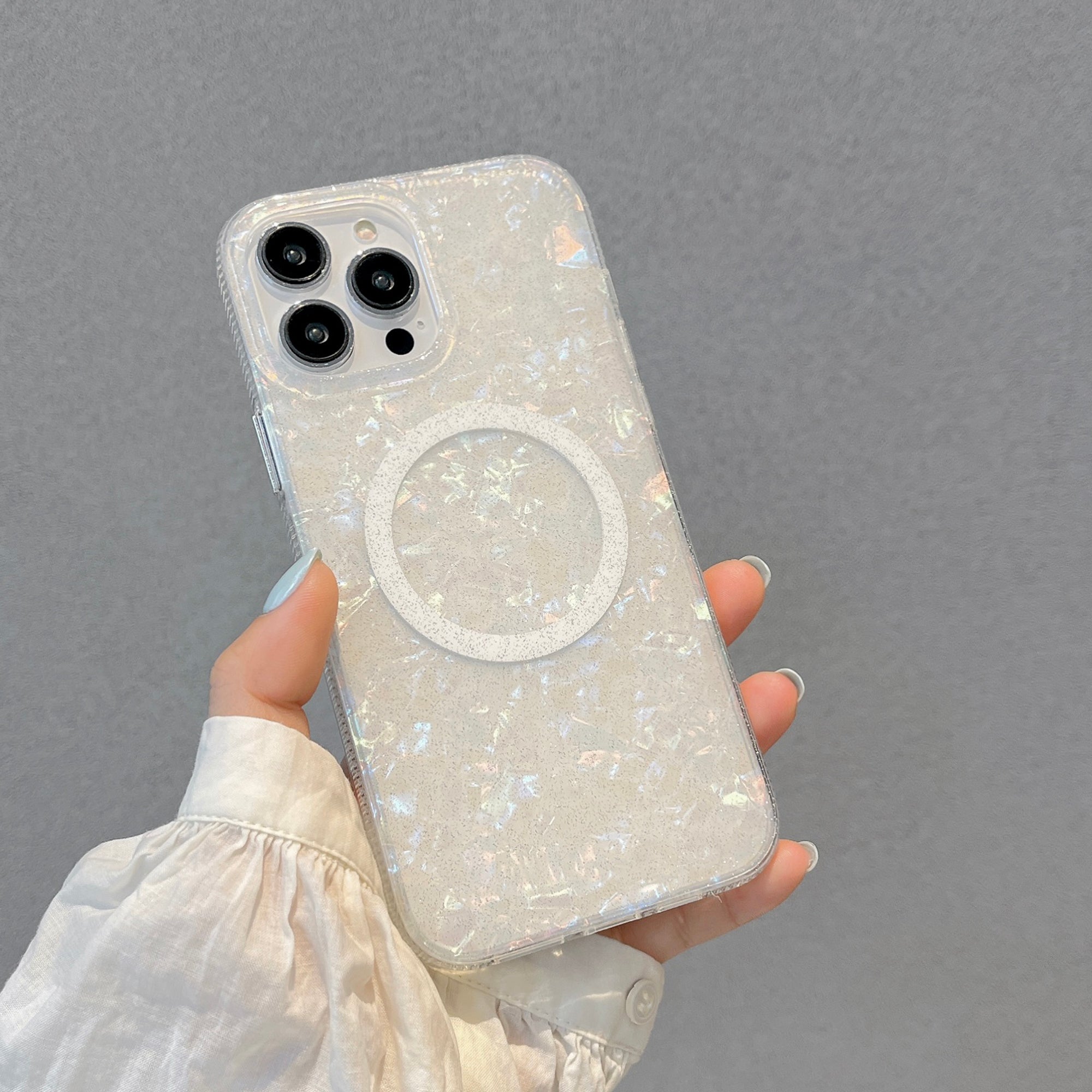 Shell Texture Glitter IMD Case for iPhone 15 Pro Max PVC Soft TPU Anti-Drop Phone Cover Compatible with MagSafe