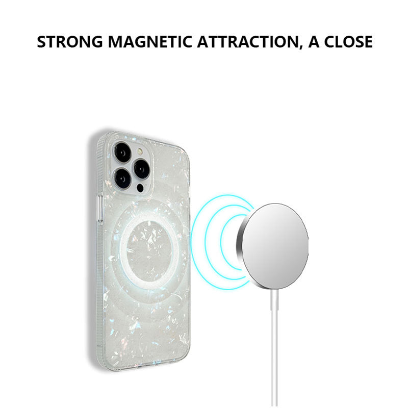 Shell Texture Glitter IMD Slim Case for iPhone 15 Anti-Drop PVC Soft TPU Phone Cover Compatible with MagSafe