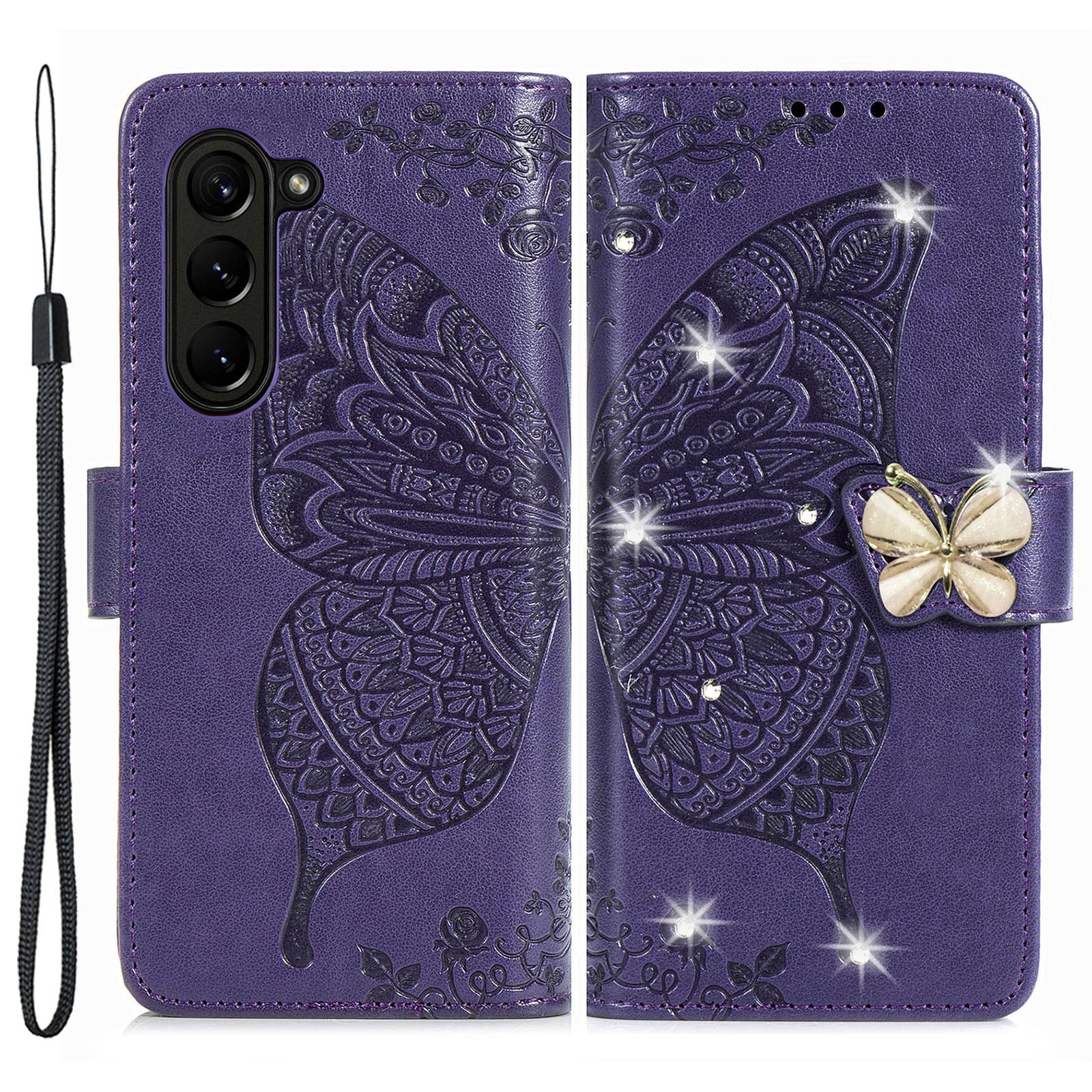 Wallet Phone Case for Samsung Galaxy Z Fold5 5G Butterfly Imprinting Rhinestone Decored PU Leather Flip Cover