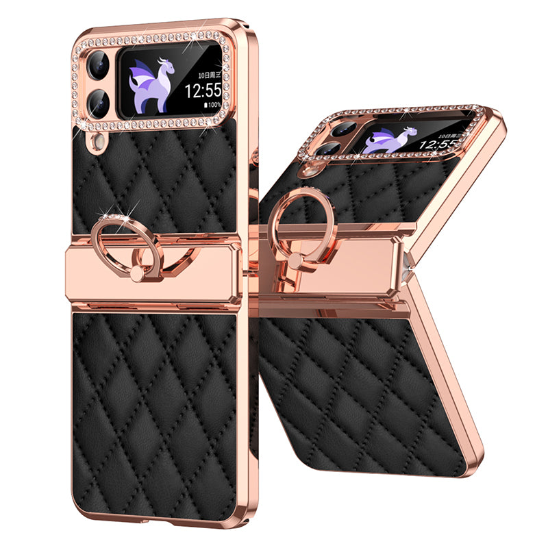 For Samsung Galaxy Z Flip3 5G Ring Kickstand Imprinted PU Leather Coated PC Case Rhinestone Electroplating Phone Cover