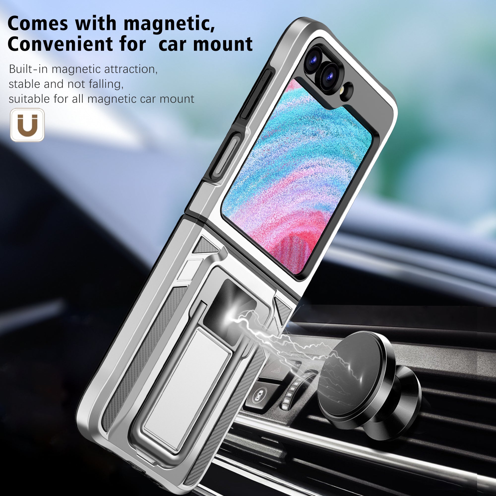For Samsung Galaxy Z Flip5 5G Folding Phone Kickstand Cover PC TPU Case Support Magnetic Car Mount