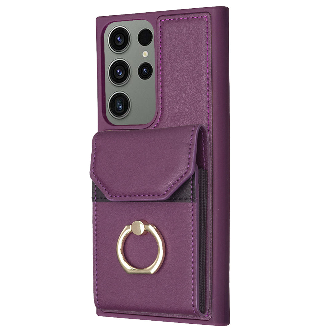 BF29 Phone Case Shell For Samsung Galaxy S23 Ultra Card Holder Ring Kickstand PU Leather TPU Cover