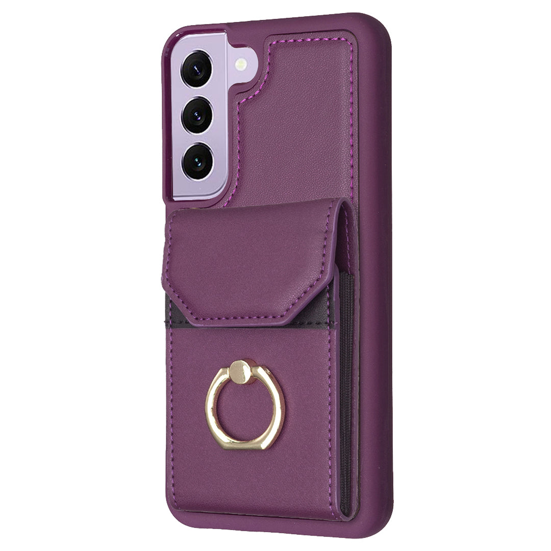BF29 For Samsung Galaxy S23 Mobile Phone Case Card Holder Ring Kickstand PU Leather TPU Cover