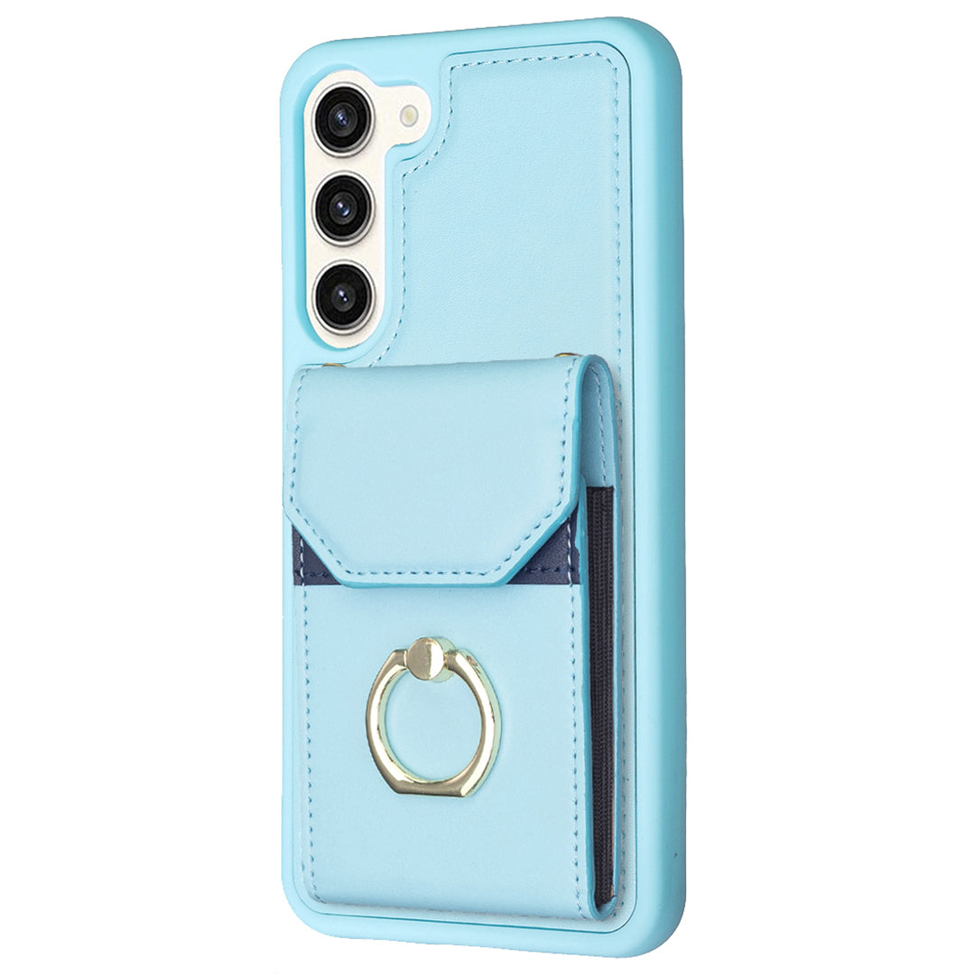 BF29 For Samsung Galaxy S23 Phone Case Card Holder Ring Kickstand PU Leather TPU Cover