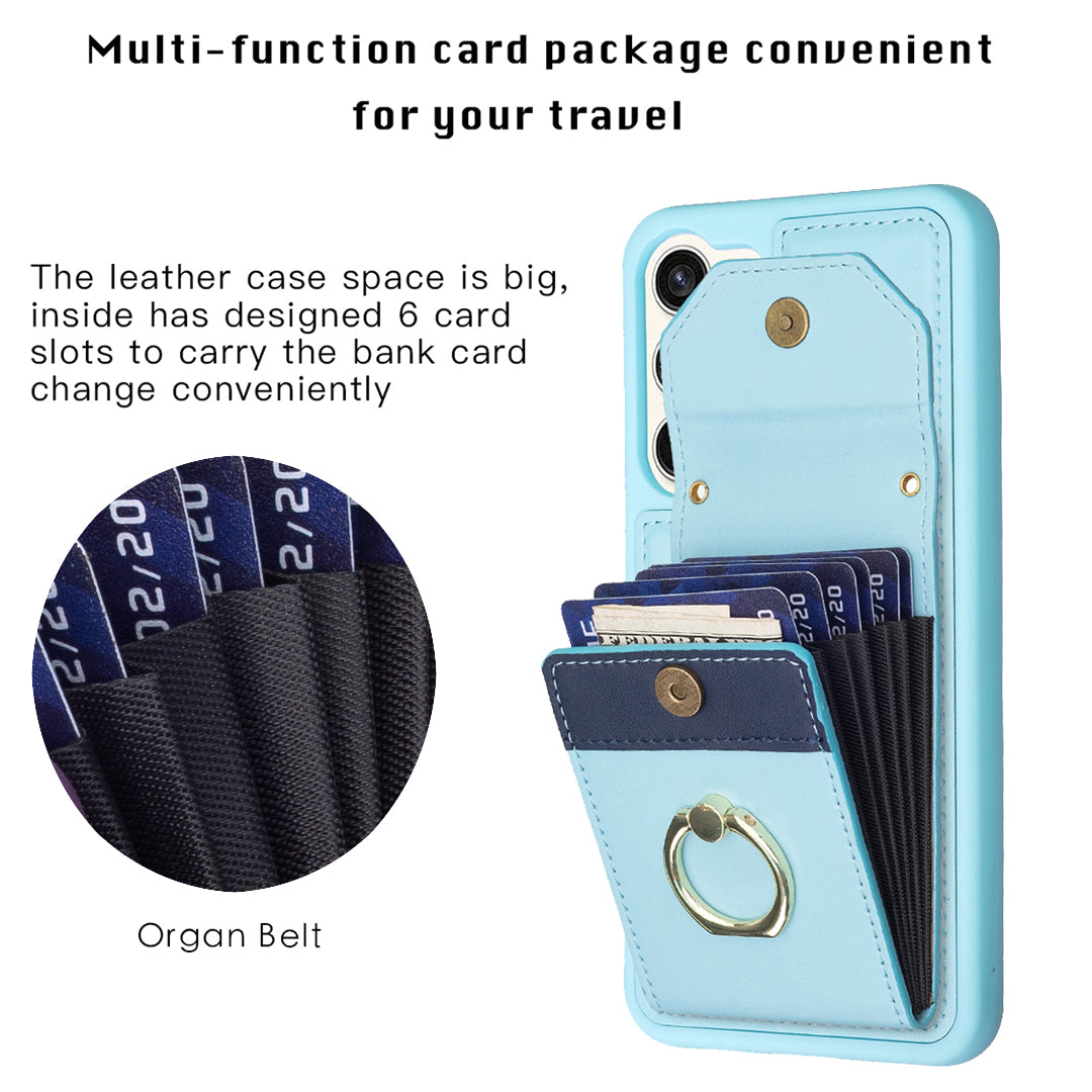 BF29 For Samsung Galaxy S23 Phone Case Card Holder Ring Kickstand PU Leather TPU Cover