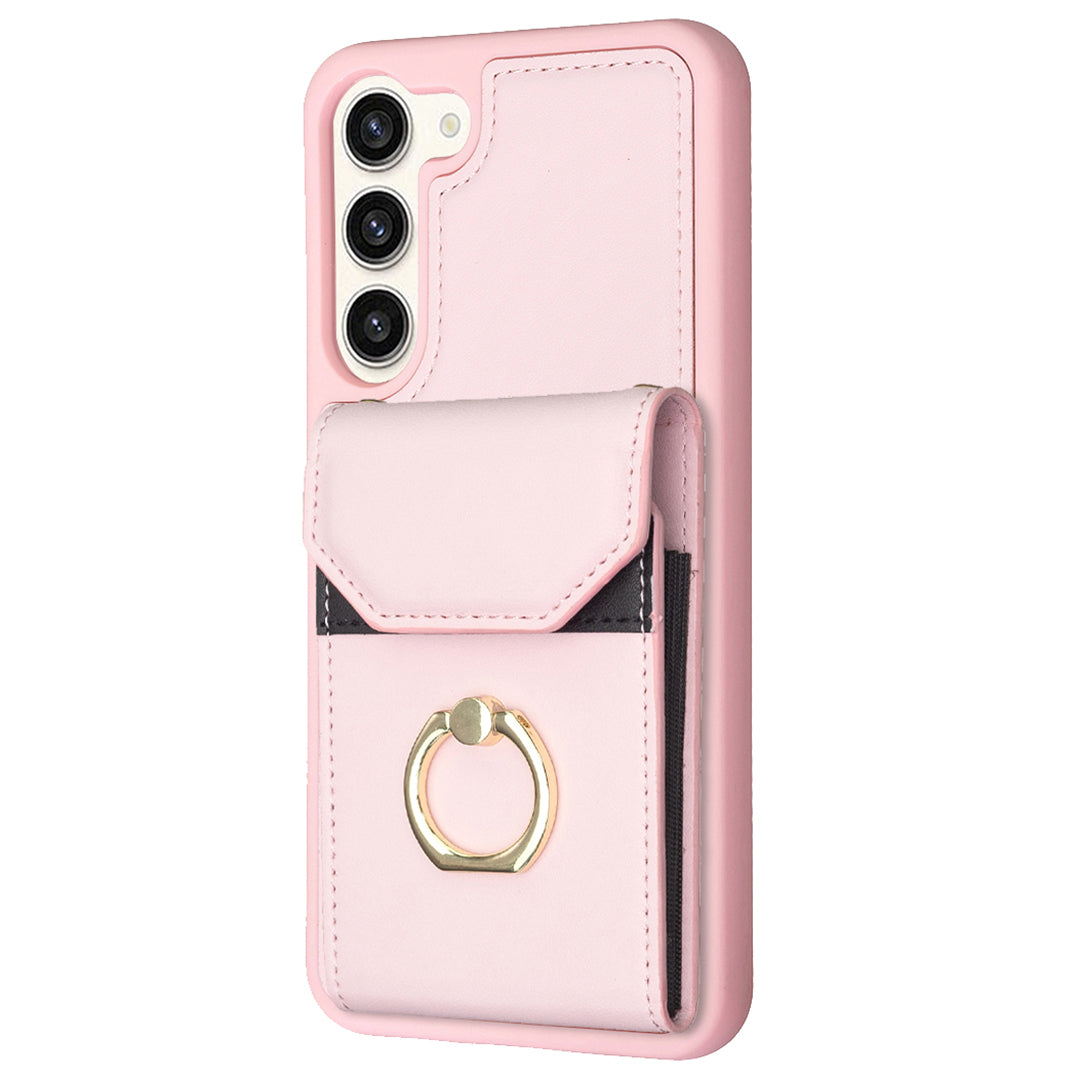 BF29 For Samsung Galaxy S23 Phone Case Card Holder Ring Kickstand PU Leather TPU Cover