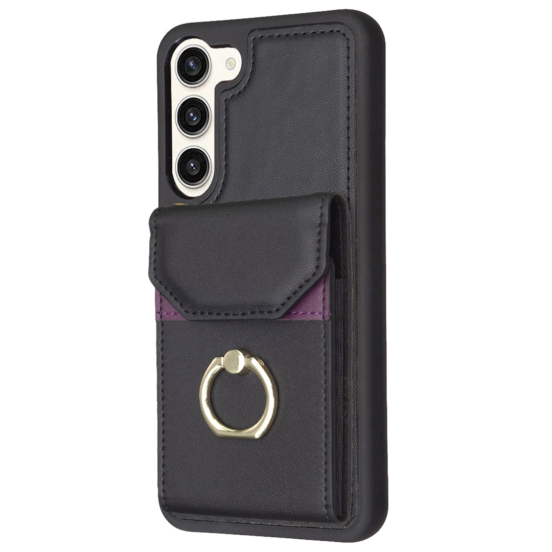 BF29 For Samsung Galaxy S23 Phone Case Card Holder Ring Kickstand PU Leather TPU Cover