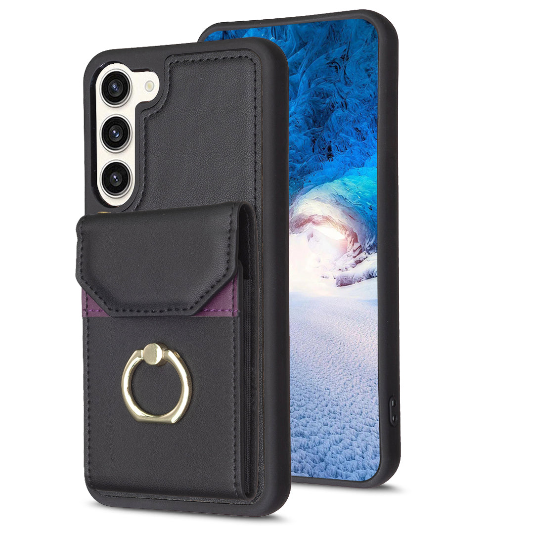 BF29 For Samsung Galaxy S23 Phone Case Card Holder Ring Kickstand PU Leather TPU Cover