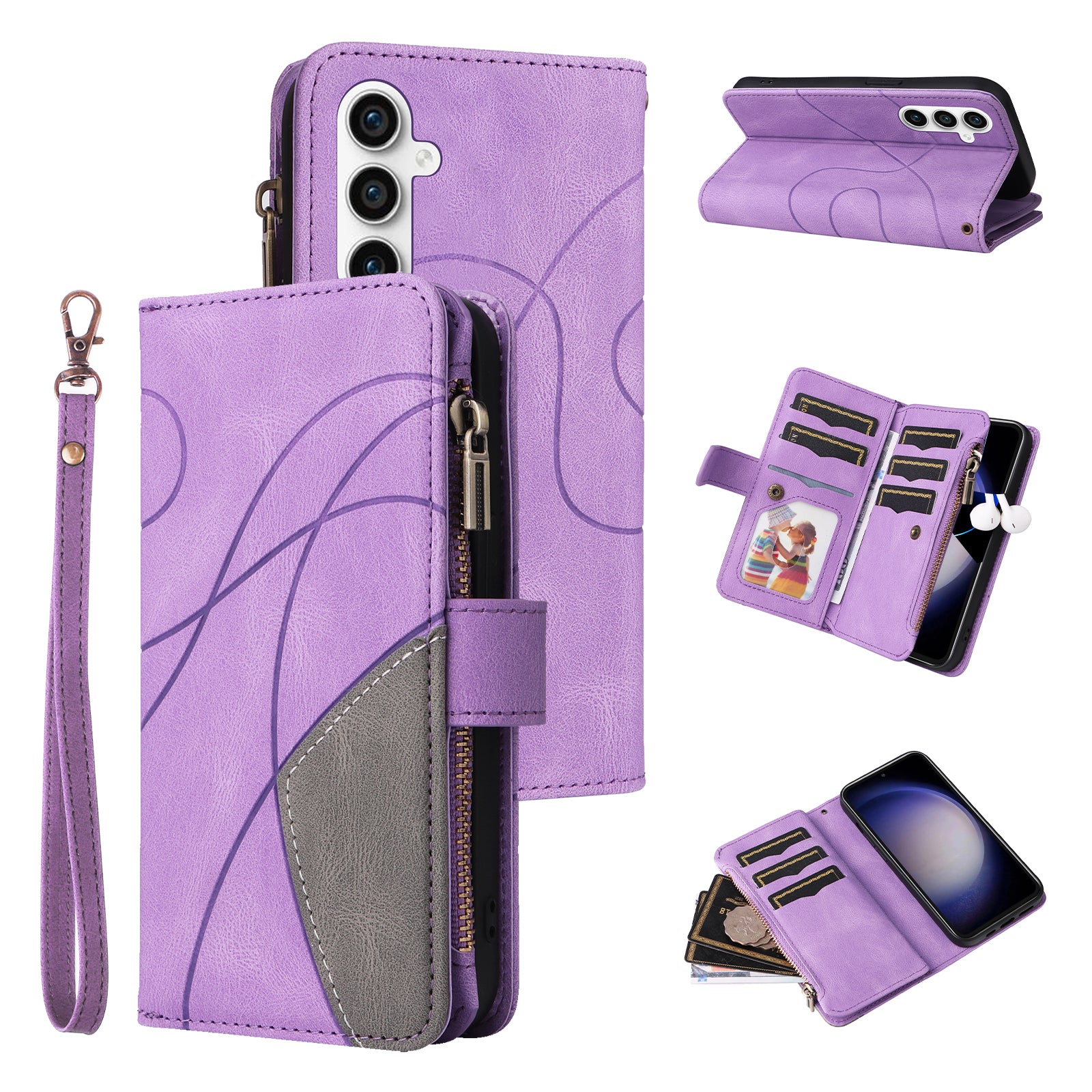 KT Multi-function Series-5 For Samsung Galaxy S23 FE Zipper Wallet Stand Case 9 Card Slots Splicing PU Leather Cover