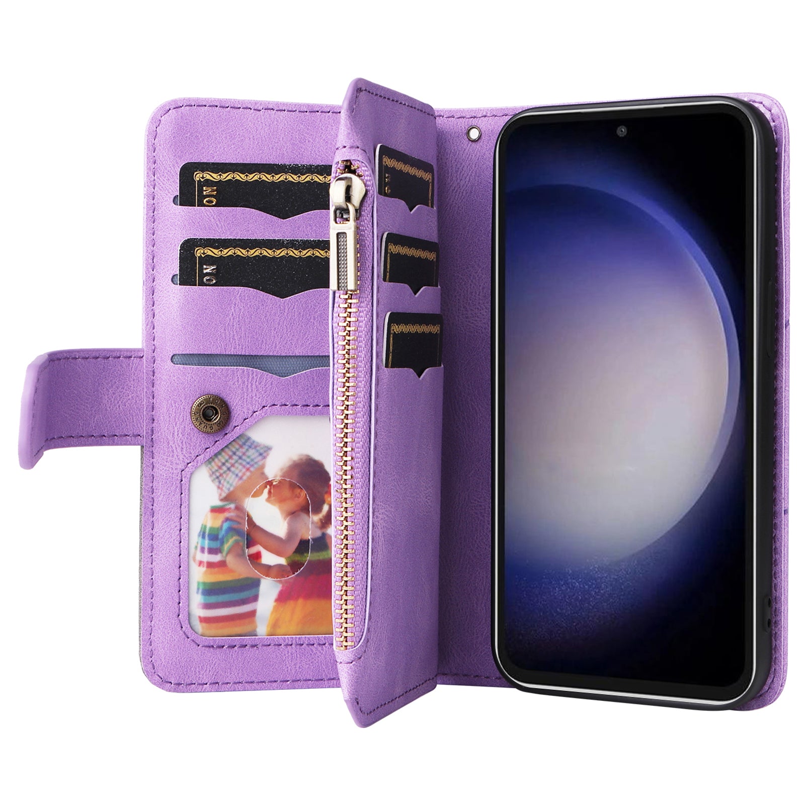 KT Multi-function Series-5 For Samsung Galaxy S23 FE Zipper Wallet Stand Case 9 Card Slots Splicing PU Leather Cover