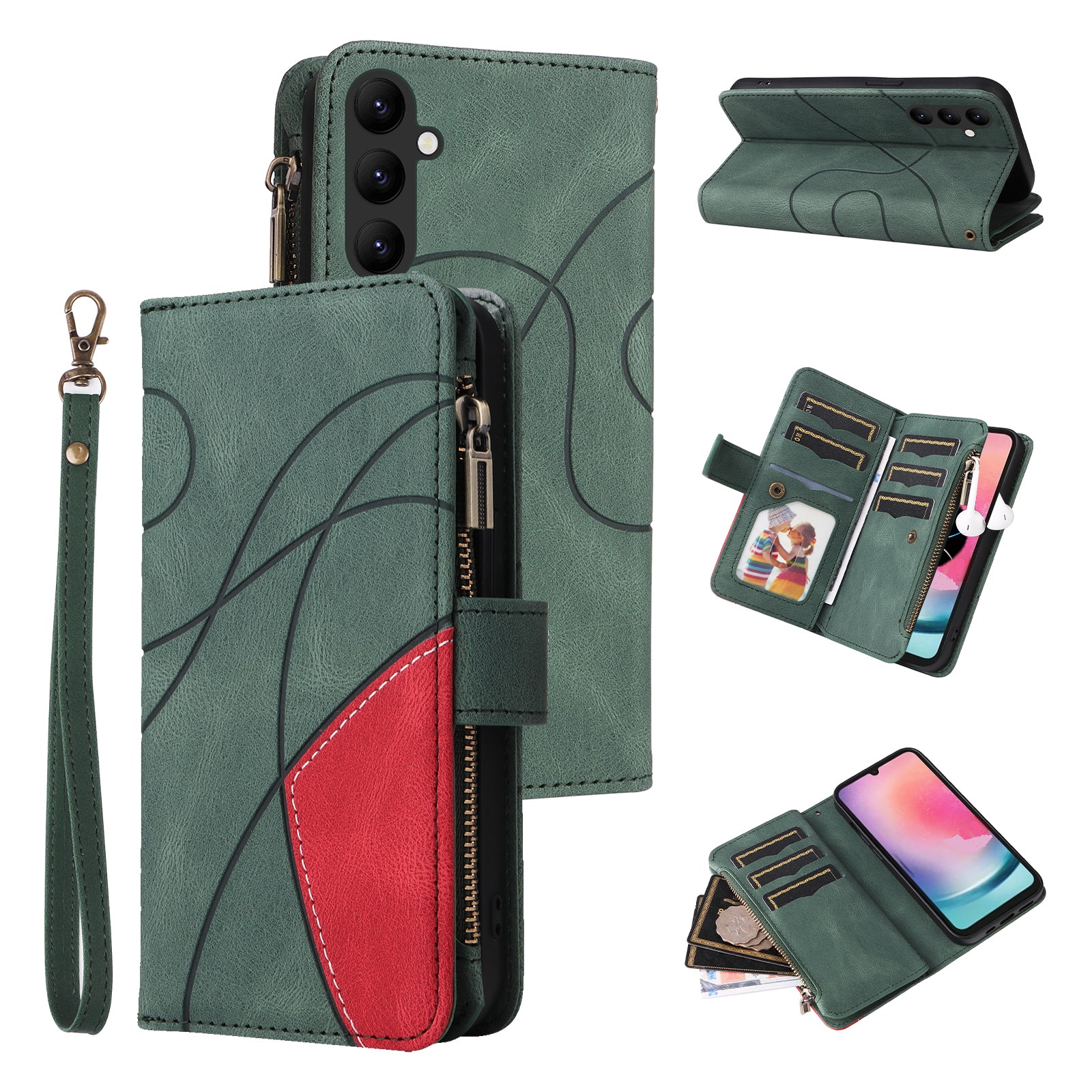 KT Multi-function Series-5 For Samsung Galaxy A24 4G A25 5G Zipper Splicing Wallet Stand Case 9 Card Slots Leather Cover