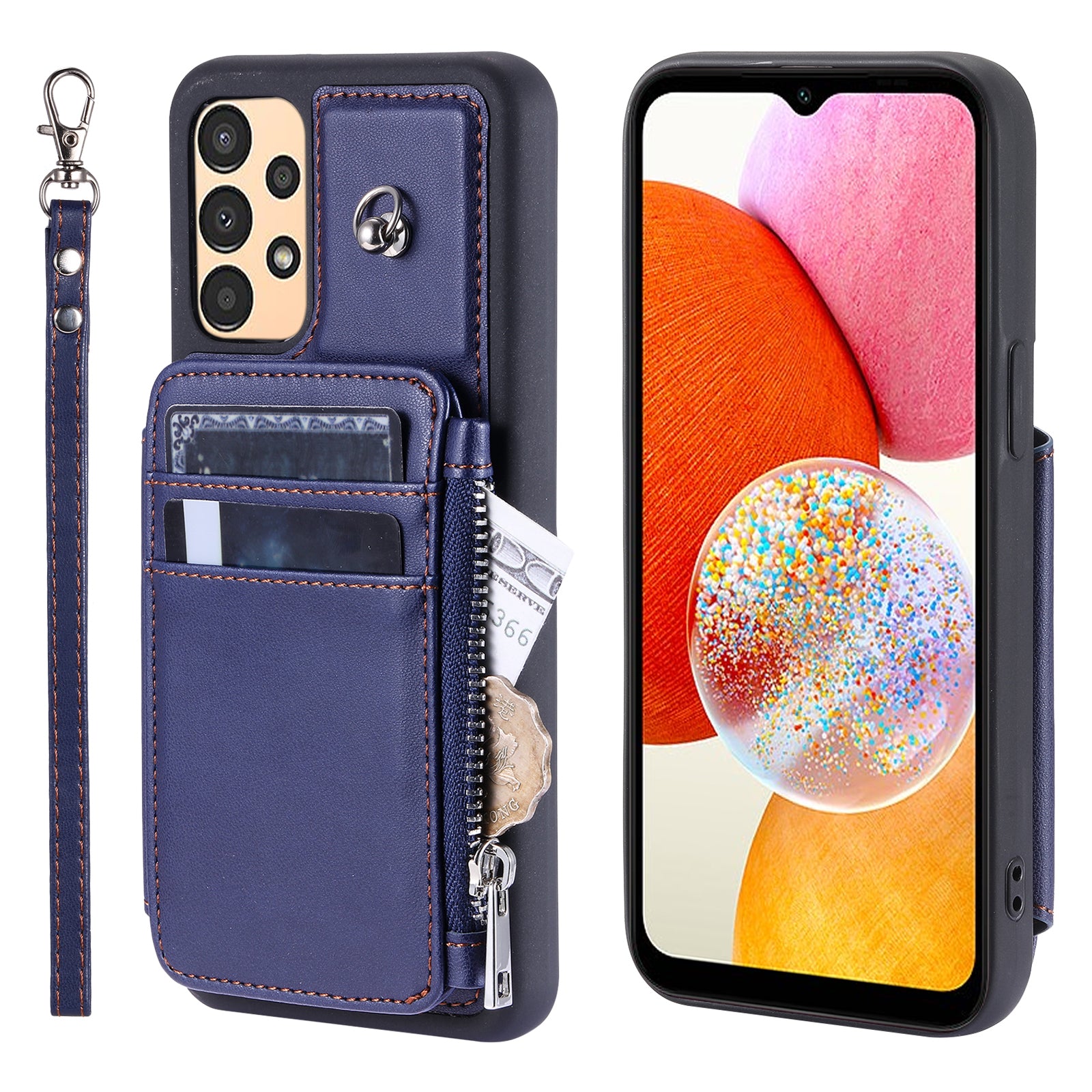 009 Phone Case for Samsung Galaxy A14 4G 5G RFID Blocking PU TPU Anti-drop Cover Kickstand Zipper Wallet Shell with Strap