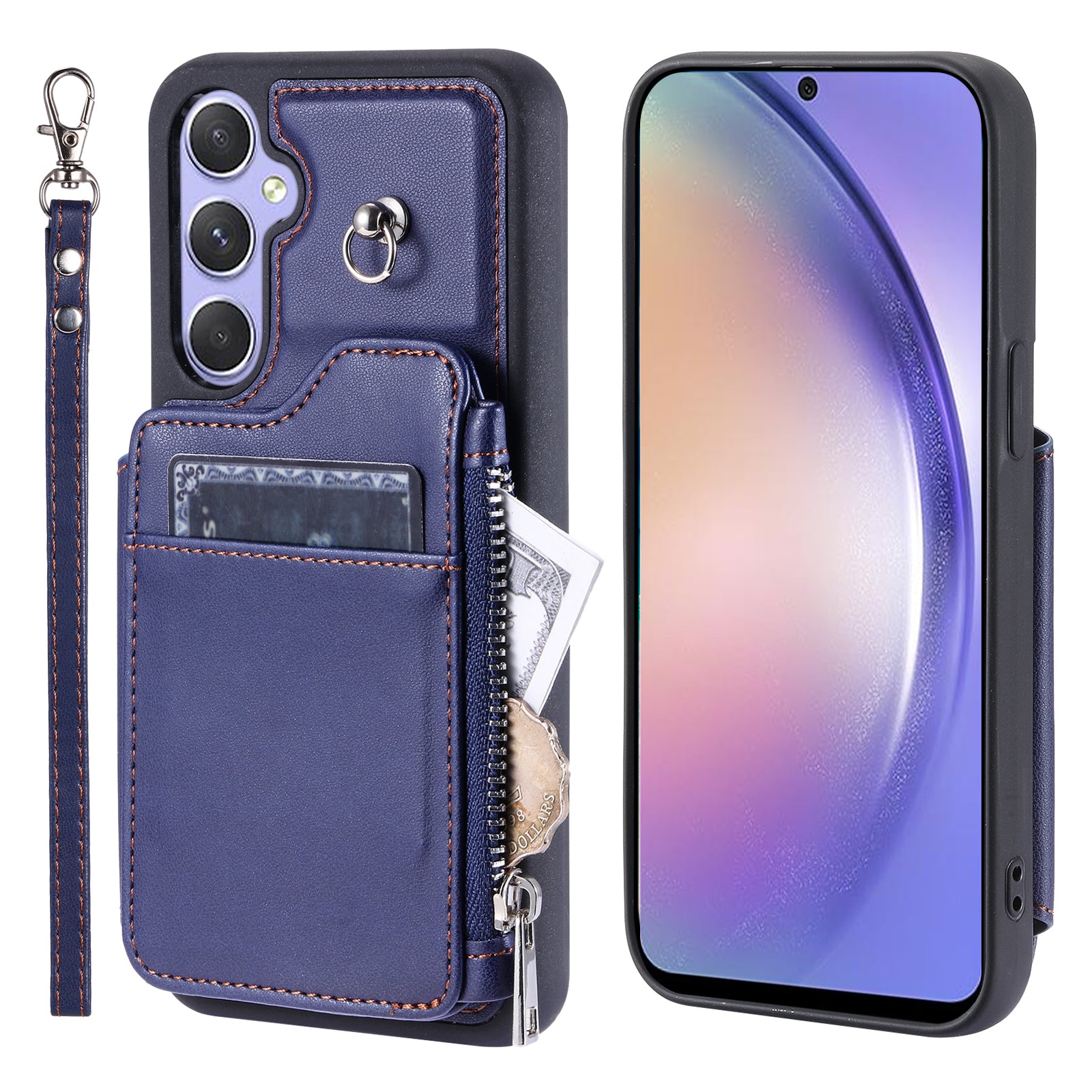 009 Phone Case for Samsung Galaxy A54 5G RFID Blocking PU TPU Bump Proof Cover Kickstand Zipper Wallet Shell with Strap