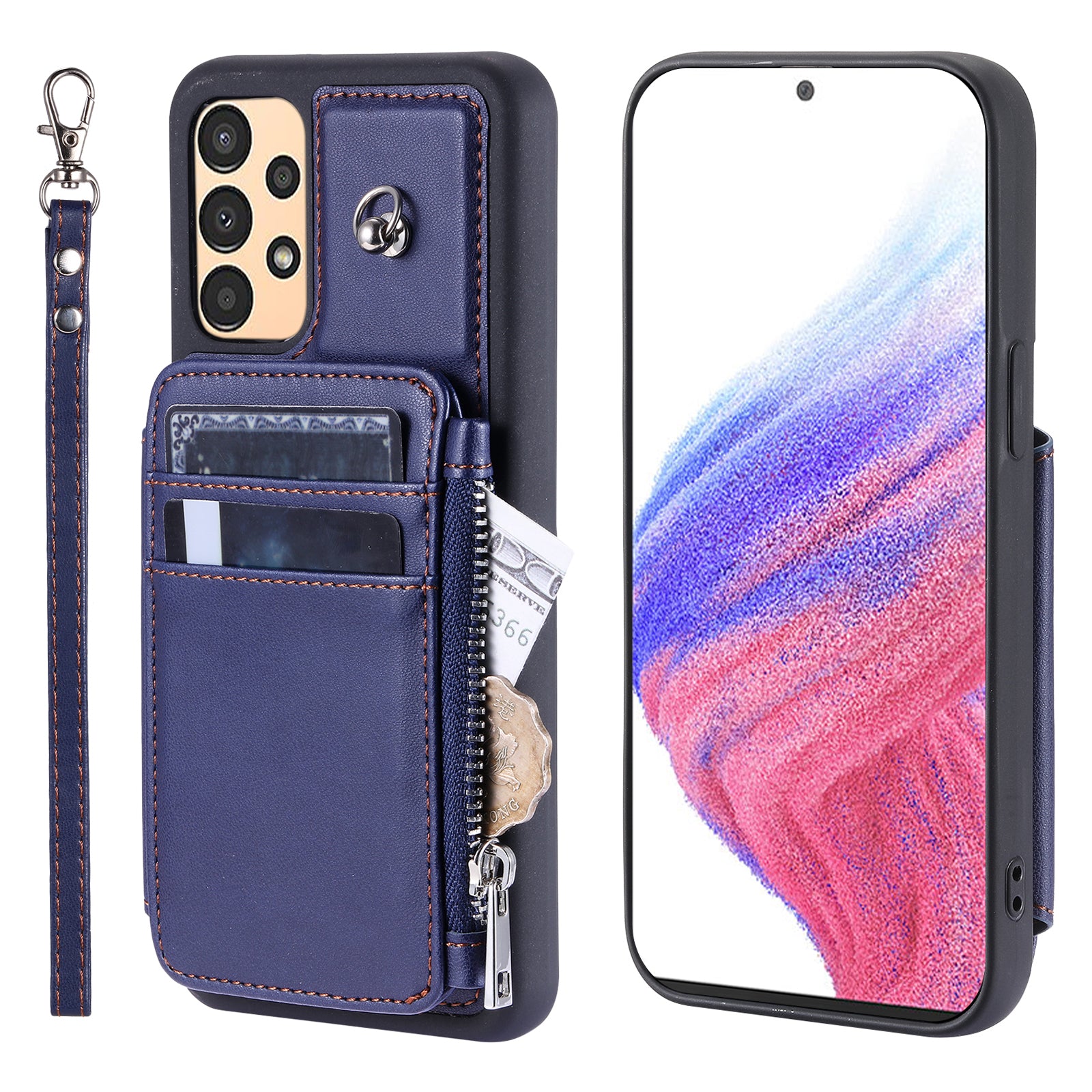 009 Shockproof Phone Case for Samsung Galaxy A53 5G RFID Blocking PU TPU Cover Kickstand Zipper Wallet Shell with Strap