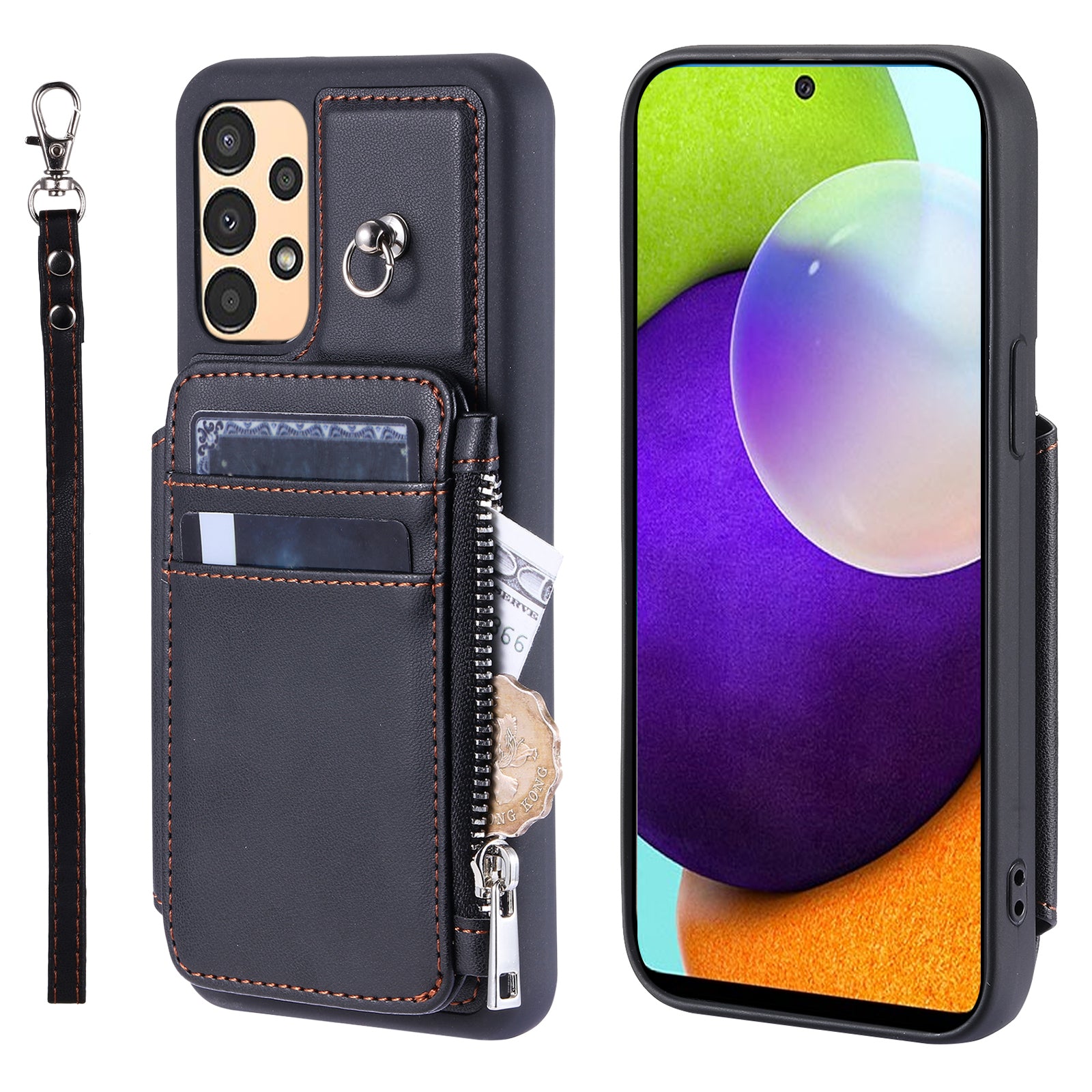 009 For Samsung Galaxy A52 4G A52 5G 52s 5G RFID Blocking Phone Case PU TPU Cover Kickstand Zipper Wallet Shell with Strap