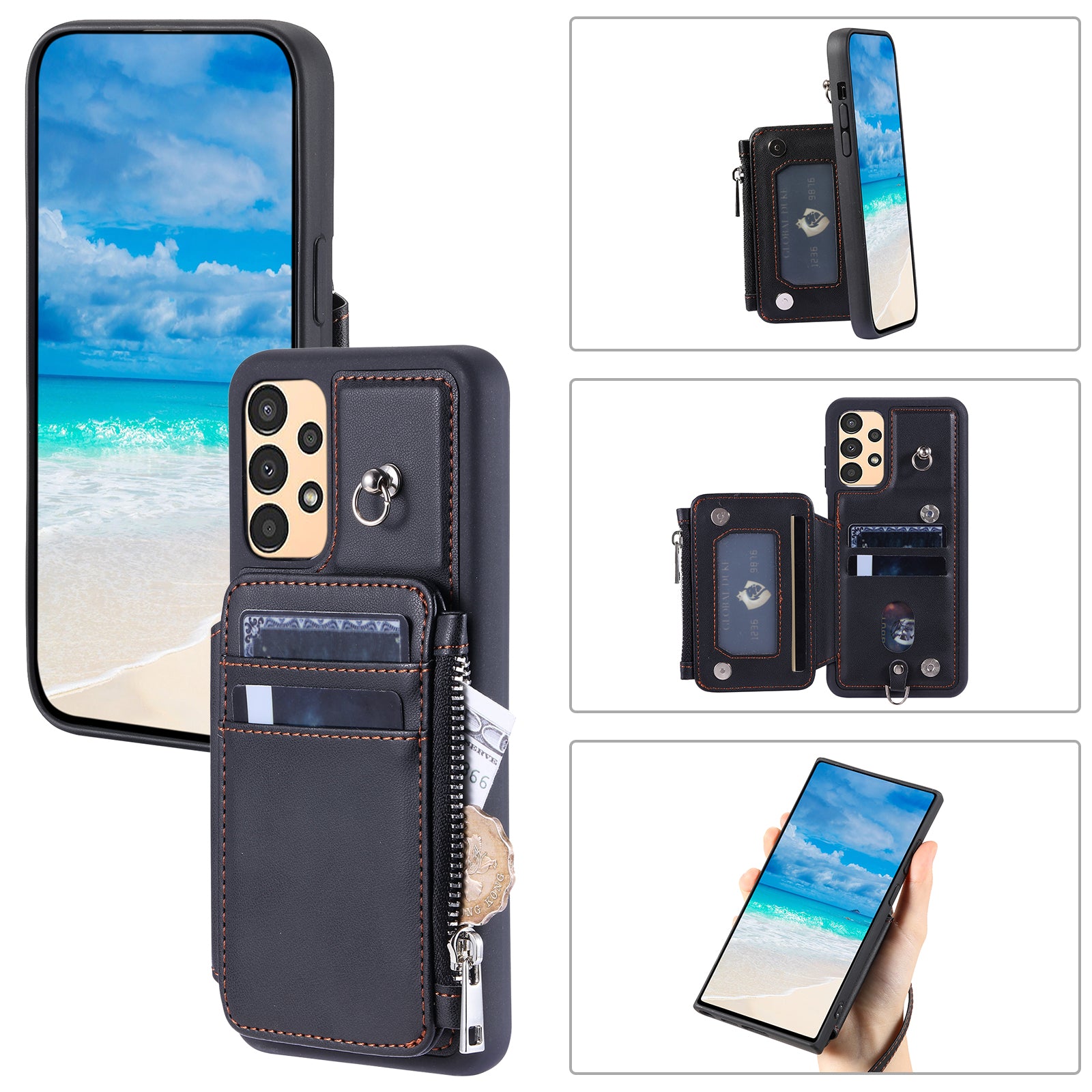 009 For Samsung Galaxy A52 4G A52 5G 52s 5G RFID Blocking Phone Case PU TPU Cover Kickstand Zipper Wallet Shell with Strap