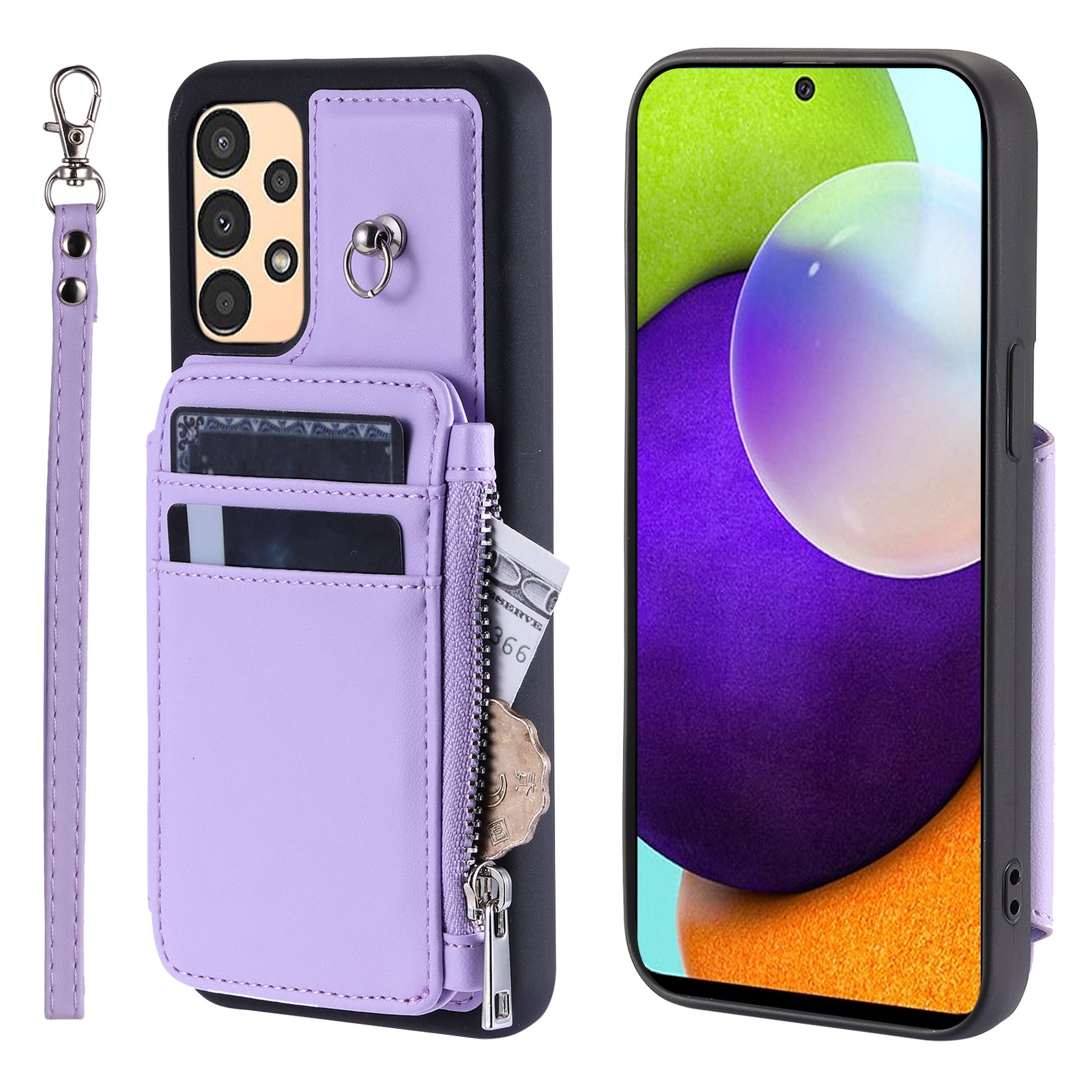 009 For Samsung Galaxy A52 4G A52 5G 52s 5G RFID Blocking Phone Case PU TPU Cover Kickstand Zipper Wallet Shell with Strap
