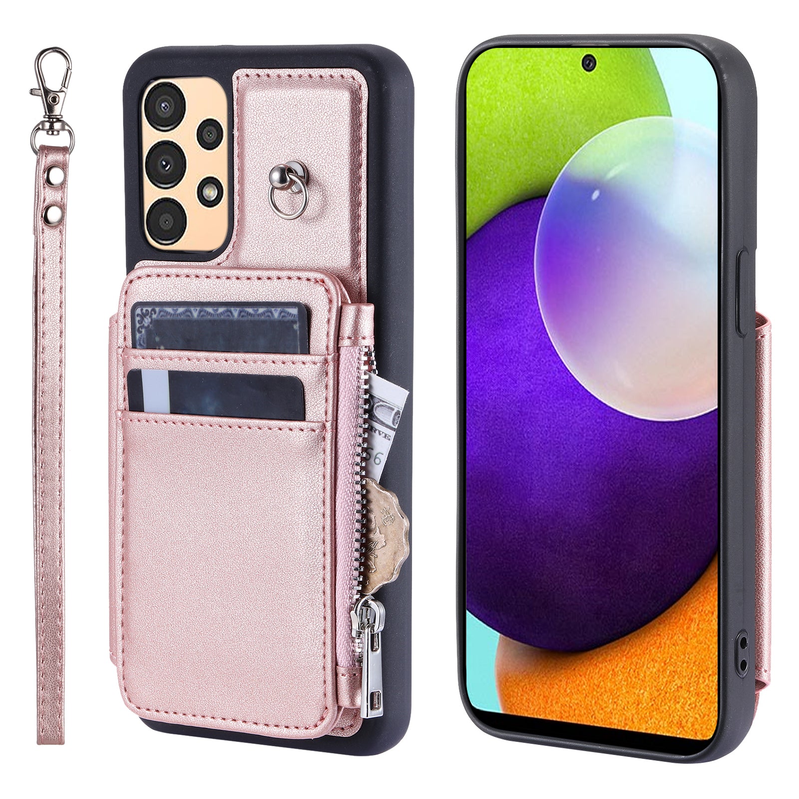 009 For Samsung Galaxy A52 4G A52 5G 52s 5G RFID Blocking Phone Case PU TPU Cover Kickstand Zipper Wallet Shell with Strap