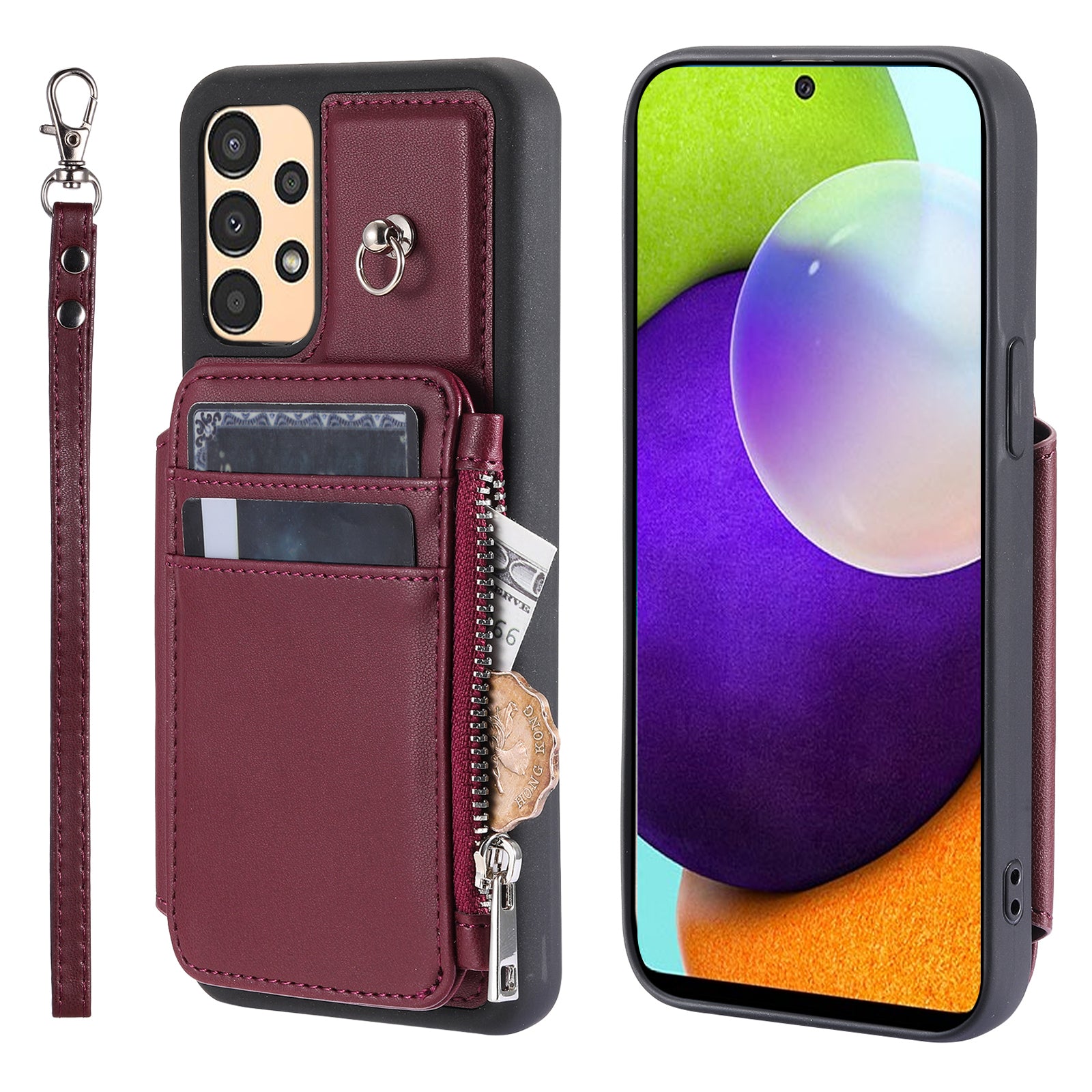 009 For Samsung Galaxy A52 4G A52 5G 52s 5G RFID Blocking Phone Case PU TPU Cover Kickstand Zipper Wallet Shell with Strap