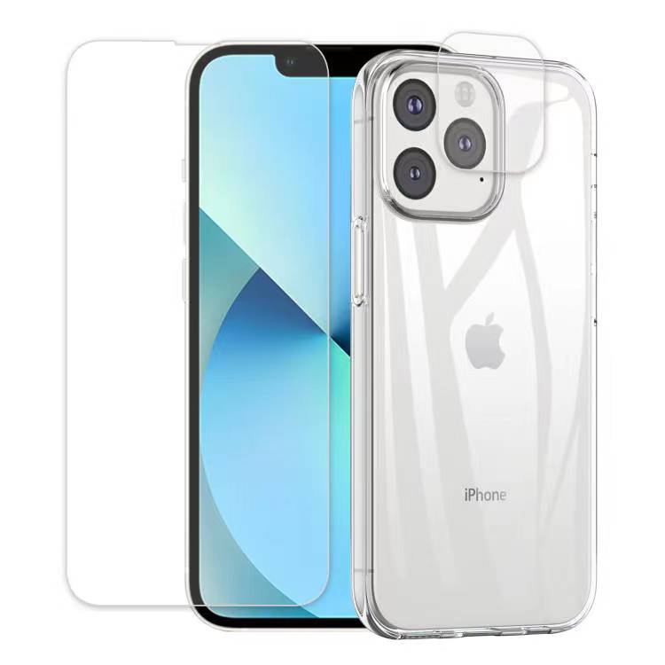 For iPhone 15 Pro TPU Clear Phone Case Tempered Glass Lens Protector 2.5D Arc Edge Screen Protector