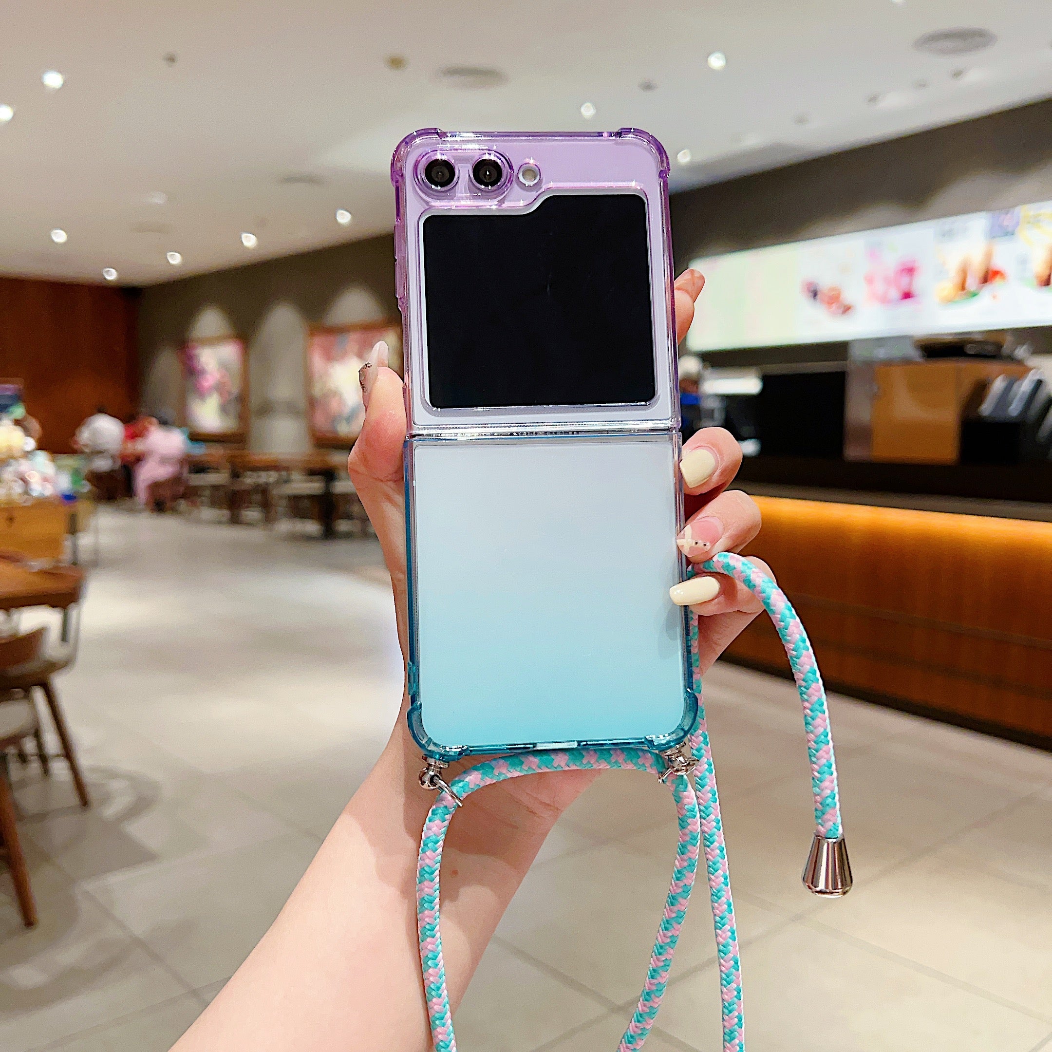 For Samsung Galaxy Z Flip5 5G TPU Case Gradient Color Folding Phone Cover with Shoulder Strap