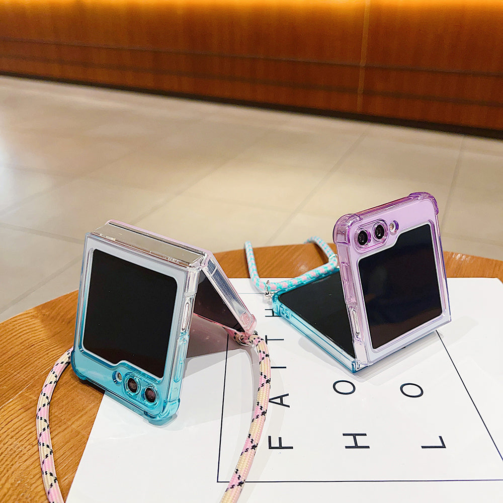 For Samsung Galaxy Z Flip5 5G TPU Case Gradient Color Folding Phone Cover with Shoulder Strap