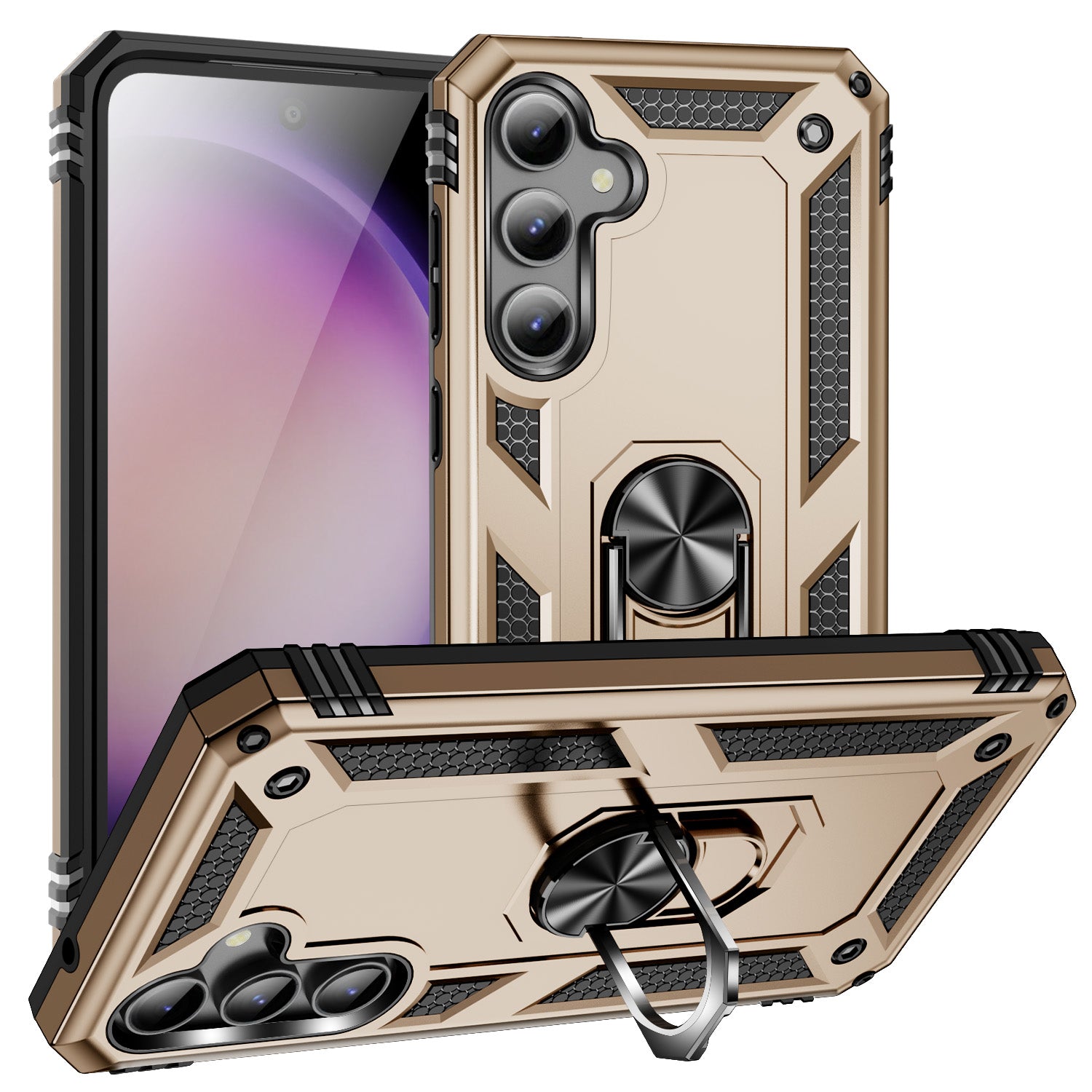 Phone Case for Samsung Galaxy S23 FE Ring Kickstand Anti-fall TPU PC Cover with Car Mount Metal Sheet