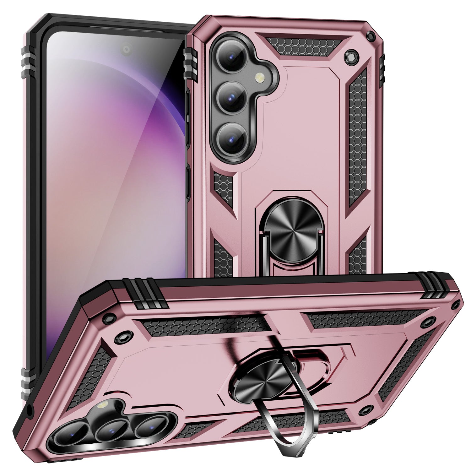 Phone Case for Samsung Galaxy S23 FE Ring Kickstand Anti-fall TPU PC Cover with Car Mount Metal Sheet