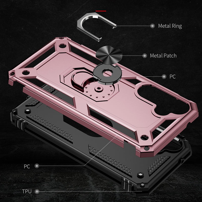 Phone Case for Samsung Galaxy S23 FE Ring Kickstand Anti-fall TPU PC Cover with Car Mount Metal Sheet