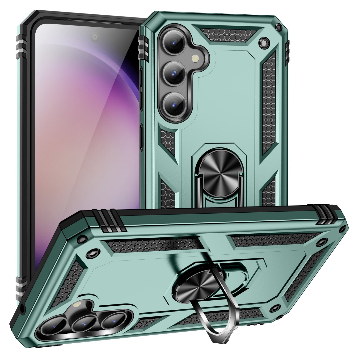Phone Case for Samsung Galaxy S23 FE Ring Kickstand Anti-fall TPU PC Cover with Car Mount Metal Sheet