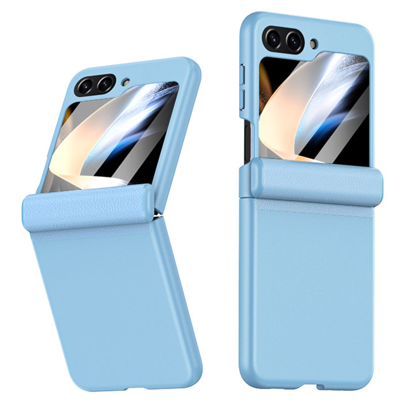 For Samsung Galaxy Z Flip5 5G PC PU Phone Case Hinge Protection Cover with Tempered Glass Small Screen Film