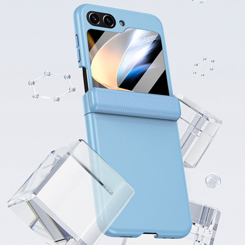 For Samsung Galaxy Z Flip5 5G PC PU Phone Case Hinge Protection Cover with Tempered Glass Small Screen Film