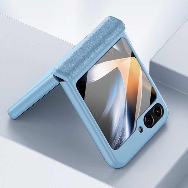 For Samsung Galaxy Z Flip5 5G PC PU Phone Case Hinge Protection Cover with Tempered Glass Small Screen Film